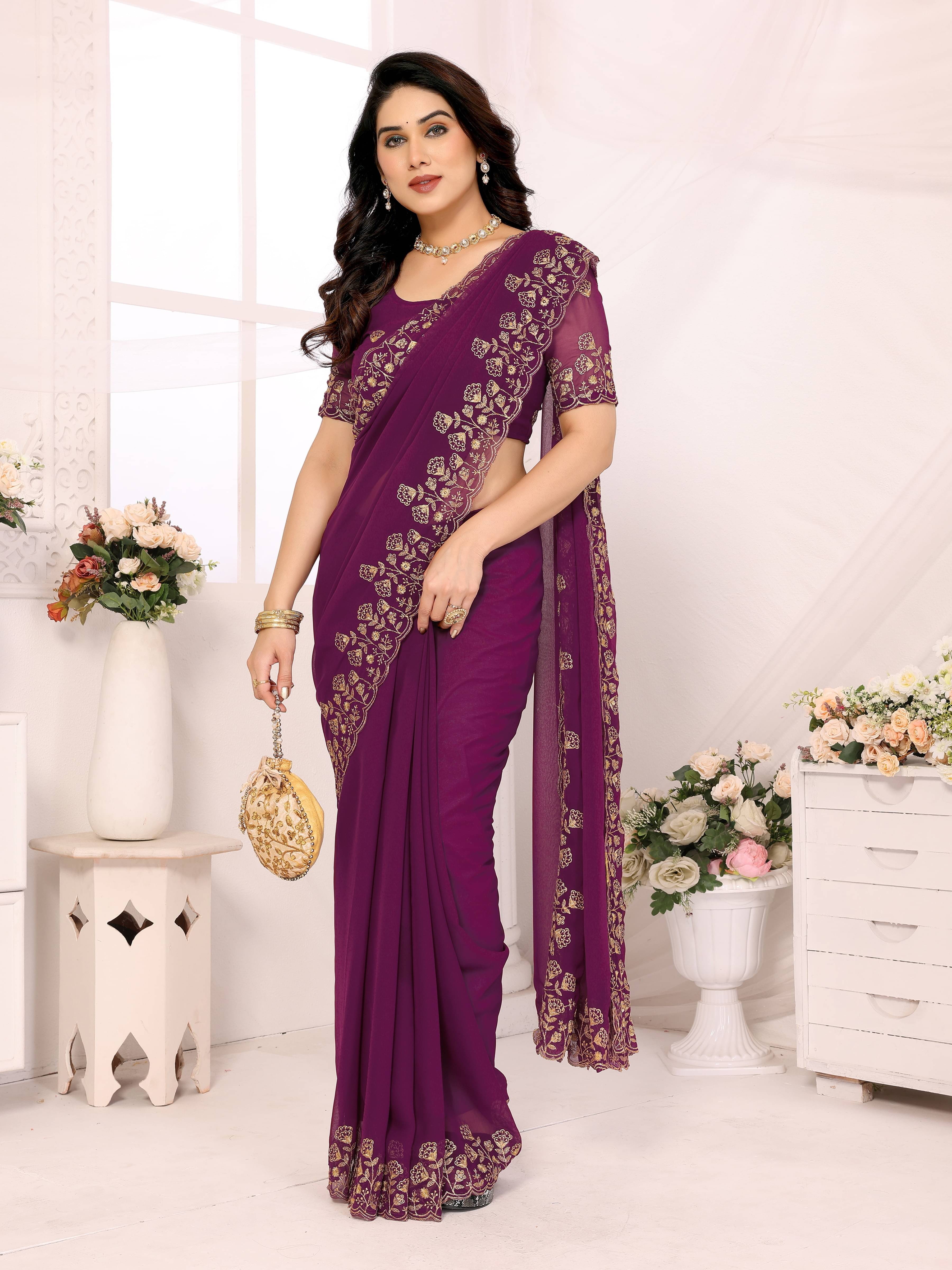     			Vastukala Georgette Printed Saree With Unstitched Blouse Piece ( Purple )