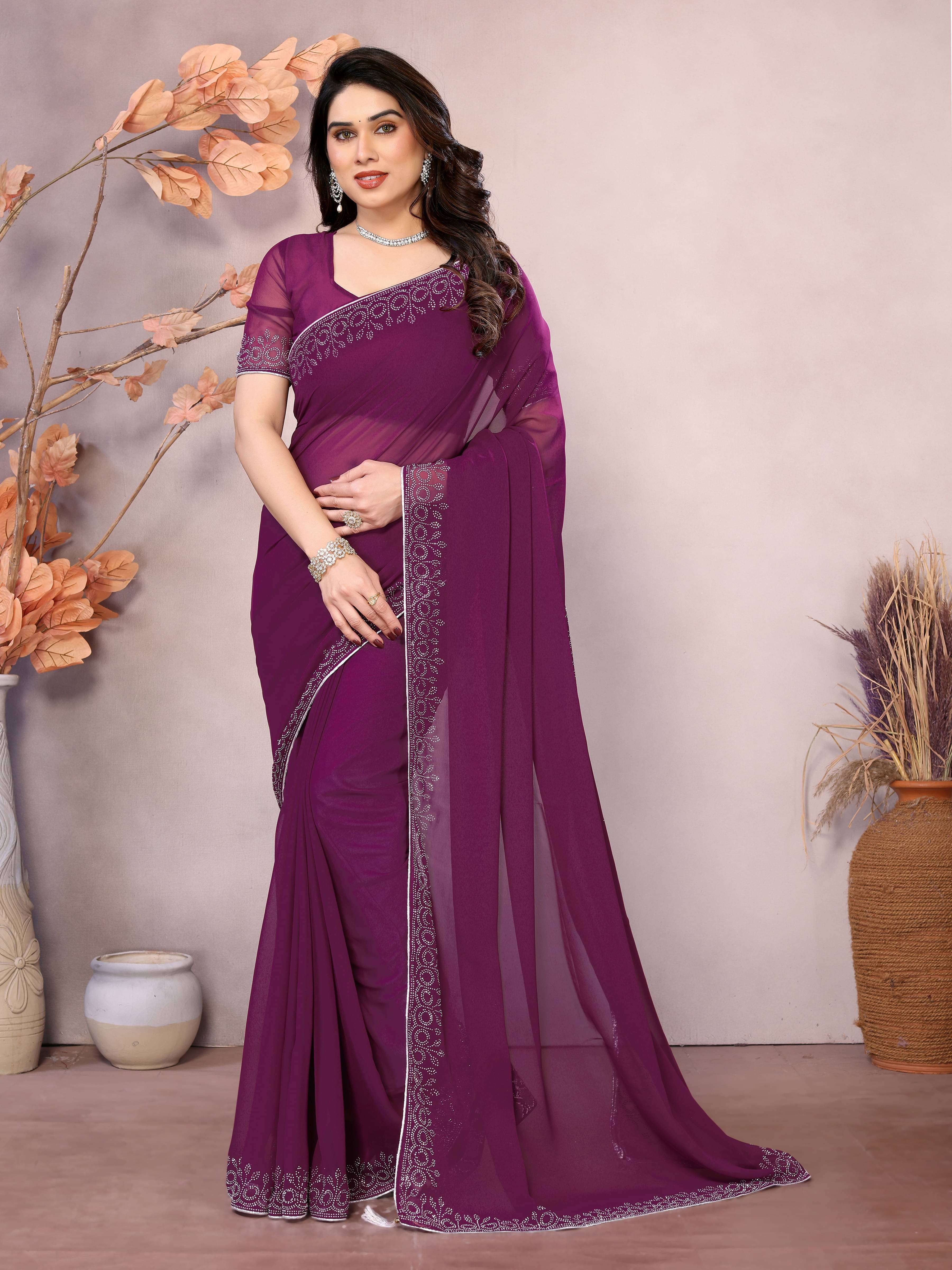 Vastukala Georgette Solid Saree With Unstitched Blouse Piece ( Purple ) Vastukala Georgette Solid Saree With Unstitched Blouse Piece ( Purple )