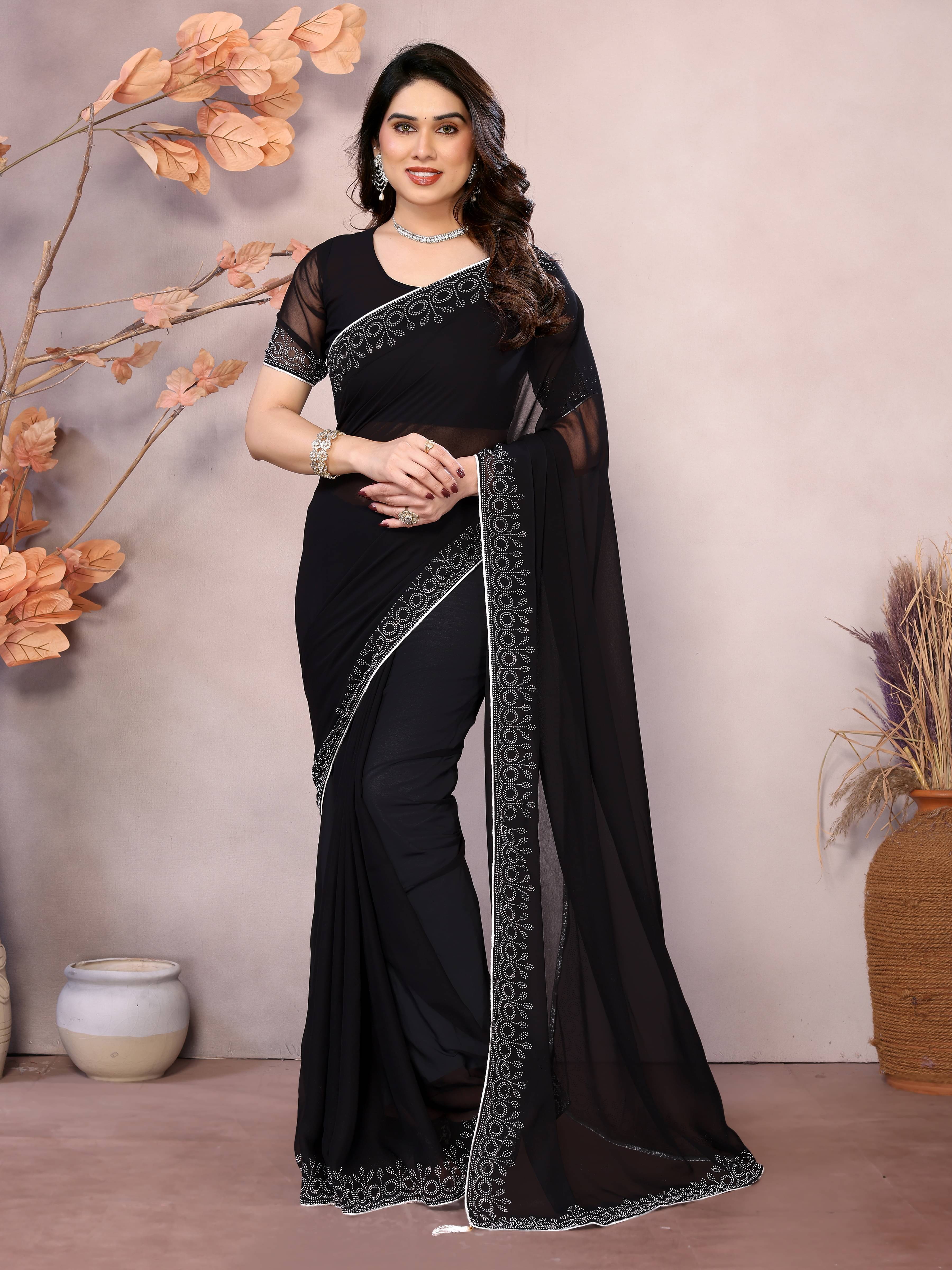 Vastukala Georgette Solid Saree With Unstitched Blouse Piece ( Black )     			Vastukala Georgette Solid Saree With Unstitched Blouse Piece ( Black )