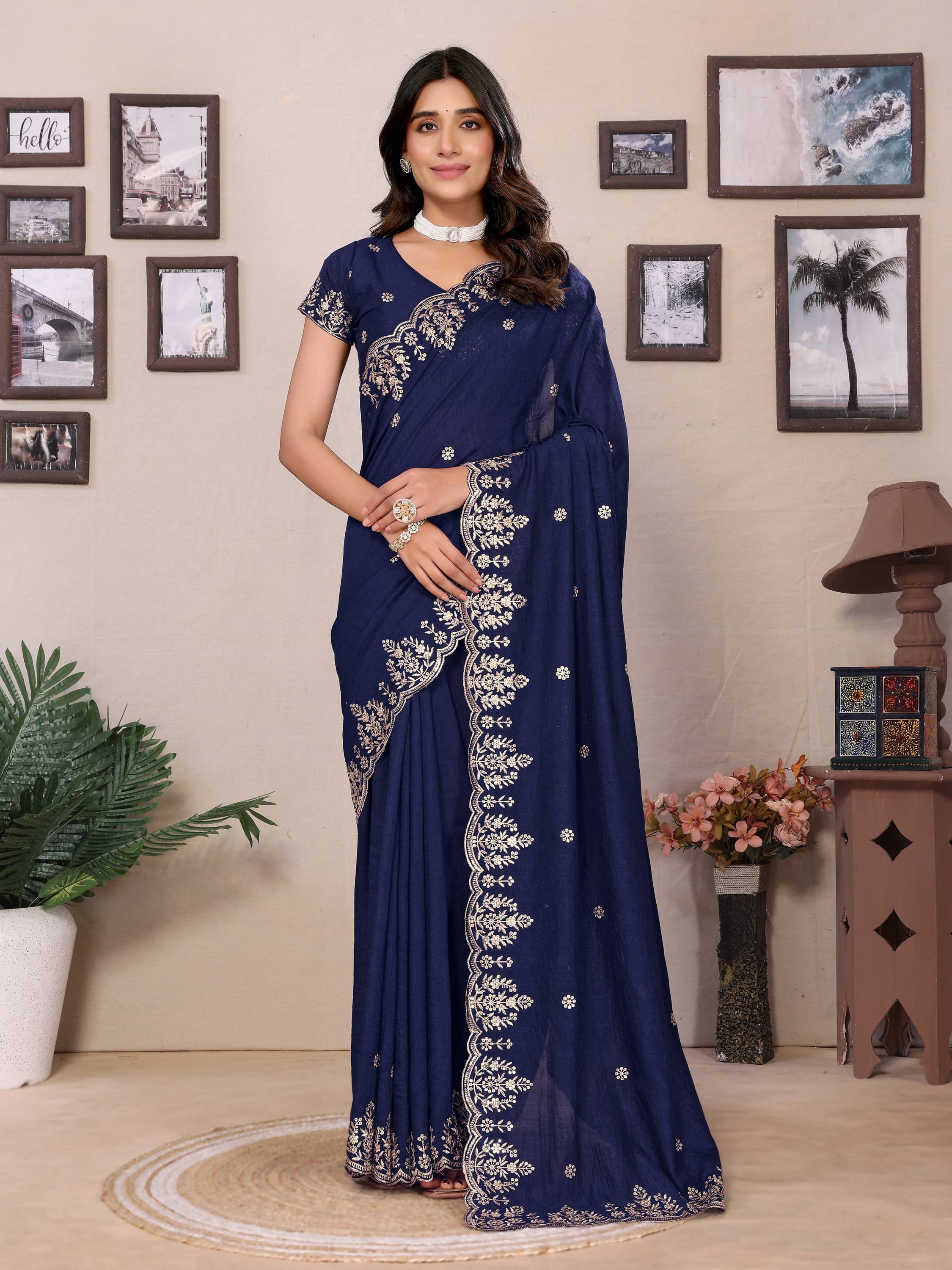 Vastukala Silk Embroidered Saree With Unstitched Blouse Piece ( Navy Blue ) - Sarees | Buy online on ZillyBuy