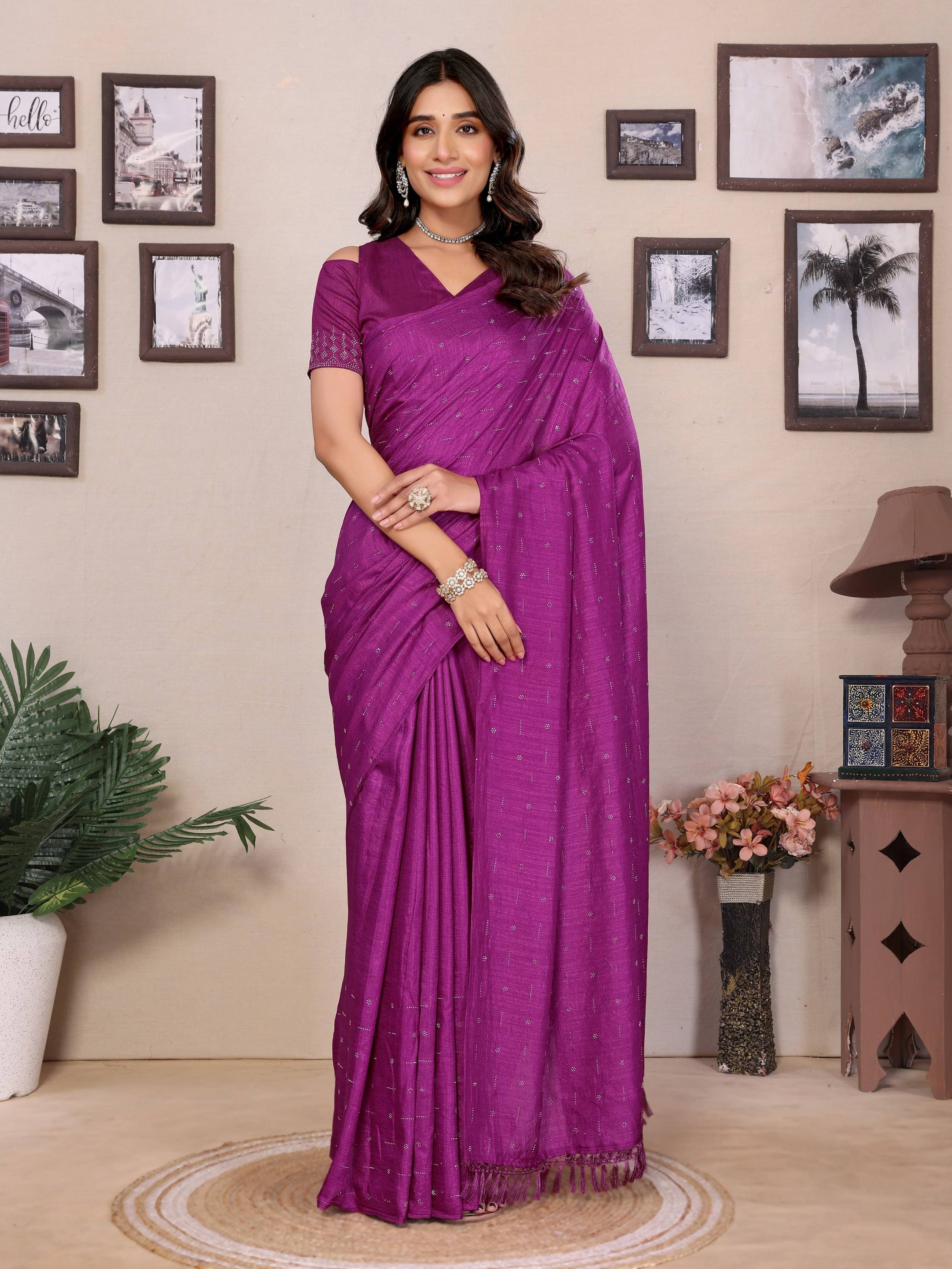     			Vastukala Silk Embroidered Saree With Unstitched Blouse Piece ( Purple )