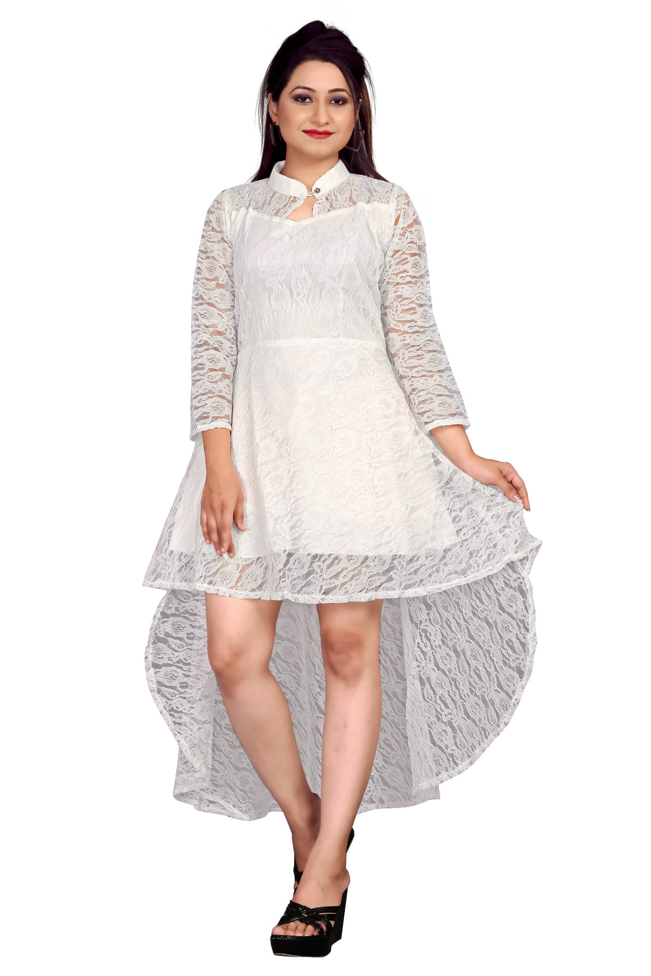     			ZELZIS Women Net Printed Asymmetric Dress ( White )
