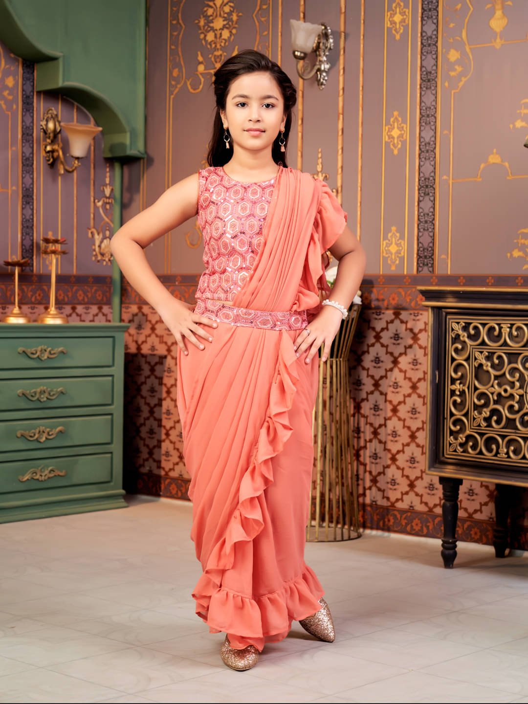     			Aarika Georgette Lehenga Choli Set For Girls ( Pack of 1 , Peach )