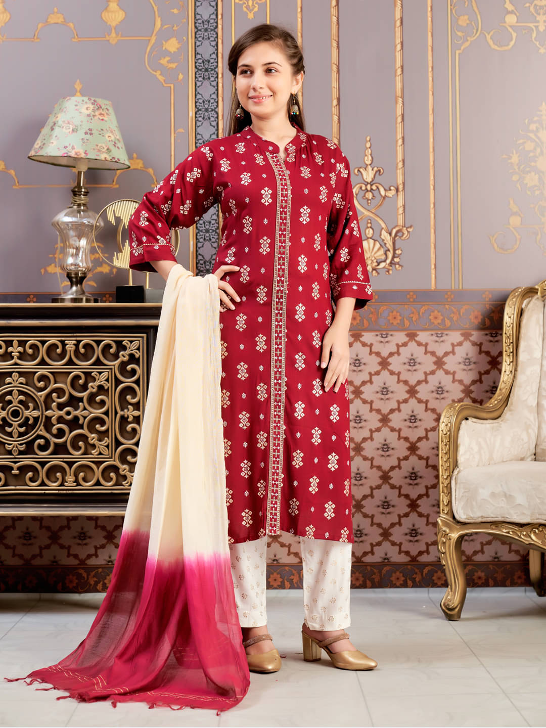     			Aarika Girls Rayon Kurti with Pants ( Pack of 1 , Maroon )