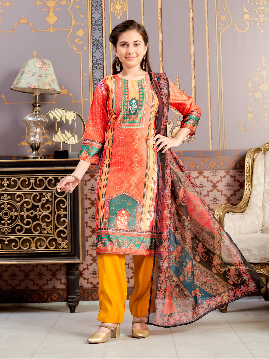     			Aarika Girls Satin Kurti with Pants ( Pack of 1 , Orange )