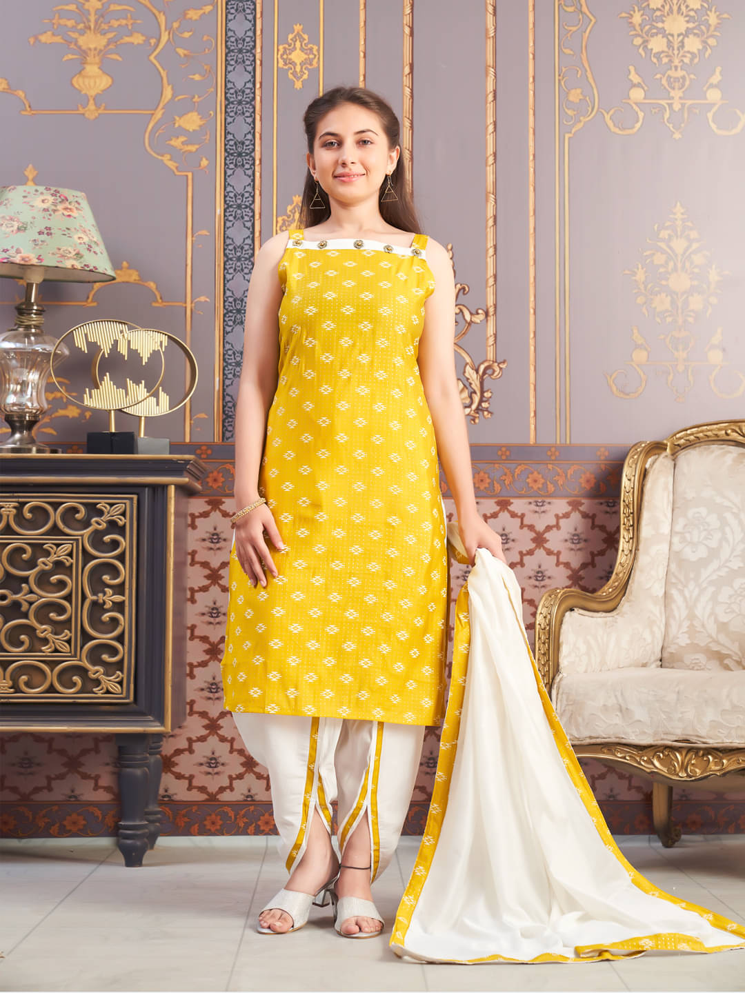     			Aarika Girls Silk Kurti with Dhoti ( Pack of 1 , Yellow )