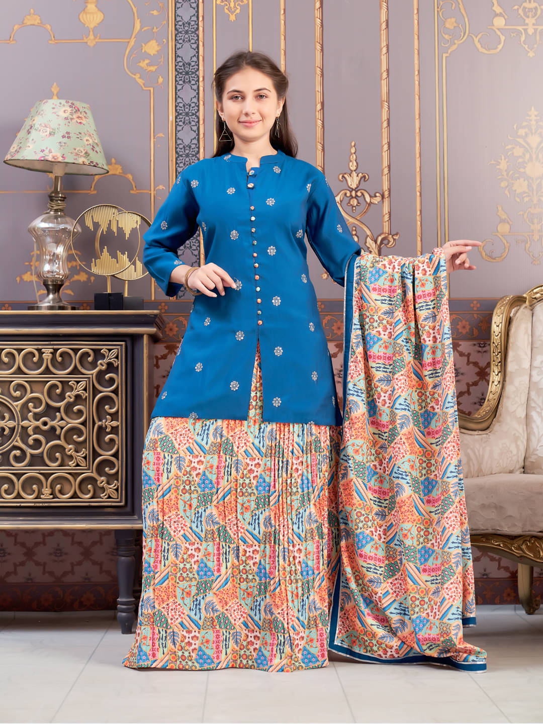     			Aarika Girls Silk Kurti with Sharara ( Pack of 1 , Teal )