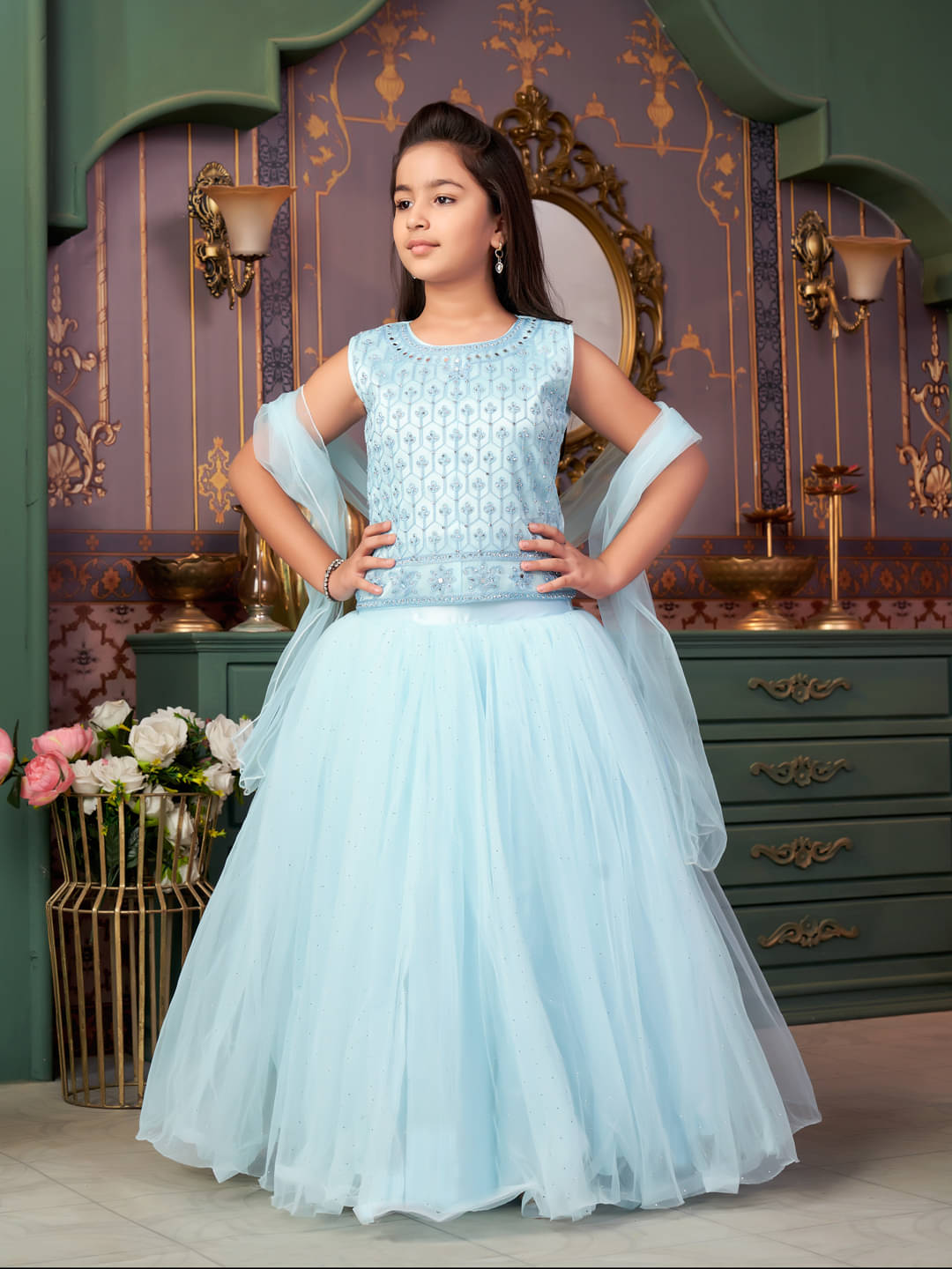     			Aarika Net Lehenga Choli Set For Girls ( Pack of 1 , Turquoise )