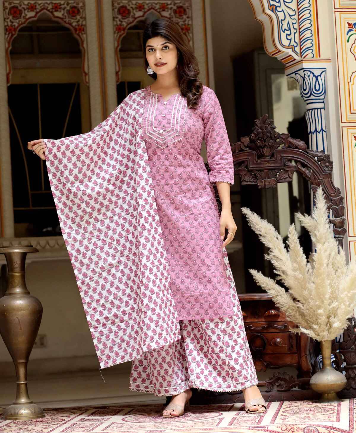     			Angiya Cotton Printed Kurti With Palazzo Women's Stitched Salwar Suit - Pink ( Pack of 1 )