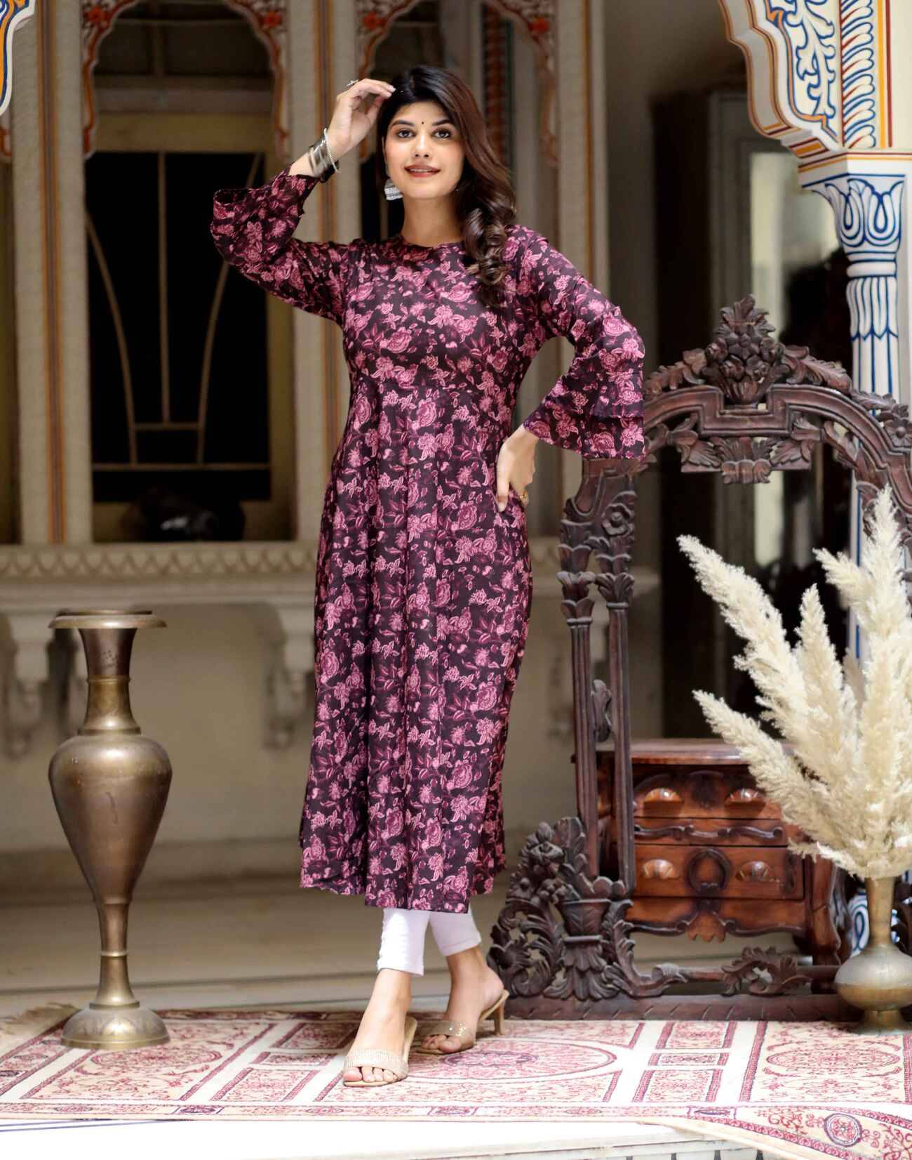 Angiya Pack of 1 Cotton Printed Anarkali Women's Kurti - ( Maroon ) Angiya Pack of 1 Cotton Printed Anarkali Women's Kurti - ( Maroon )