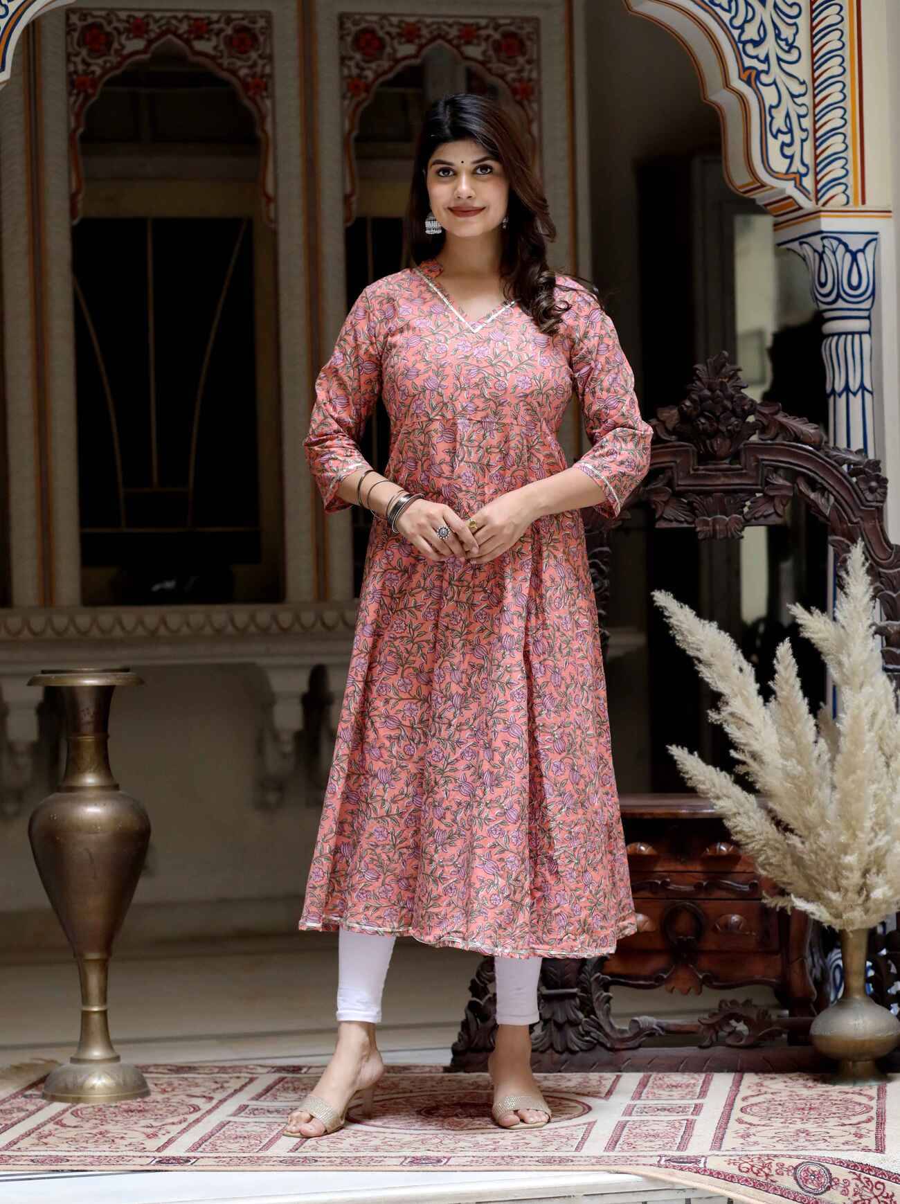 Angiya Pack of 1 Cotton Printed Anarkali Women's Kurti - ( Orange ) Angiya Pack of 1 Cotton Printed Anarkali Women's Kurti - ( Orange )