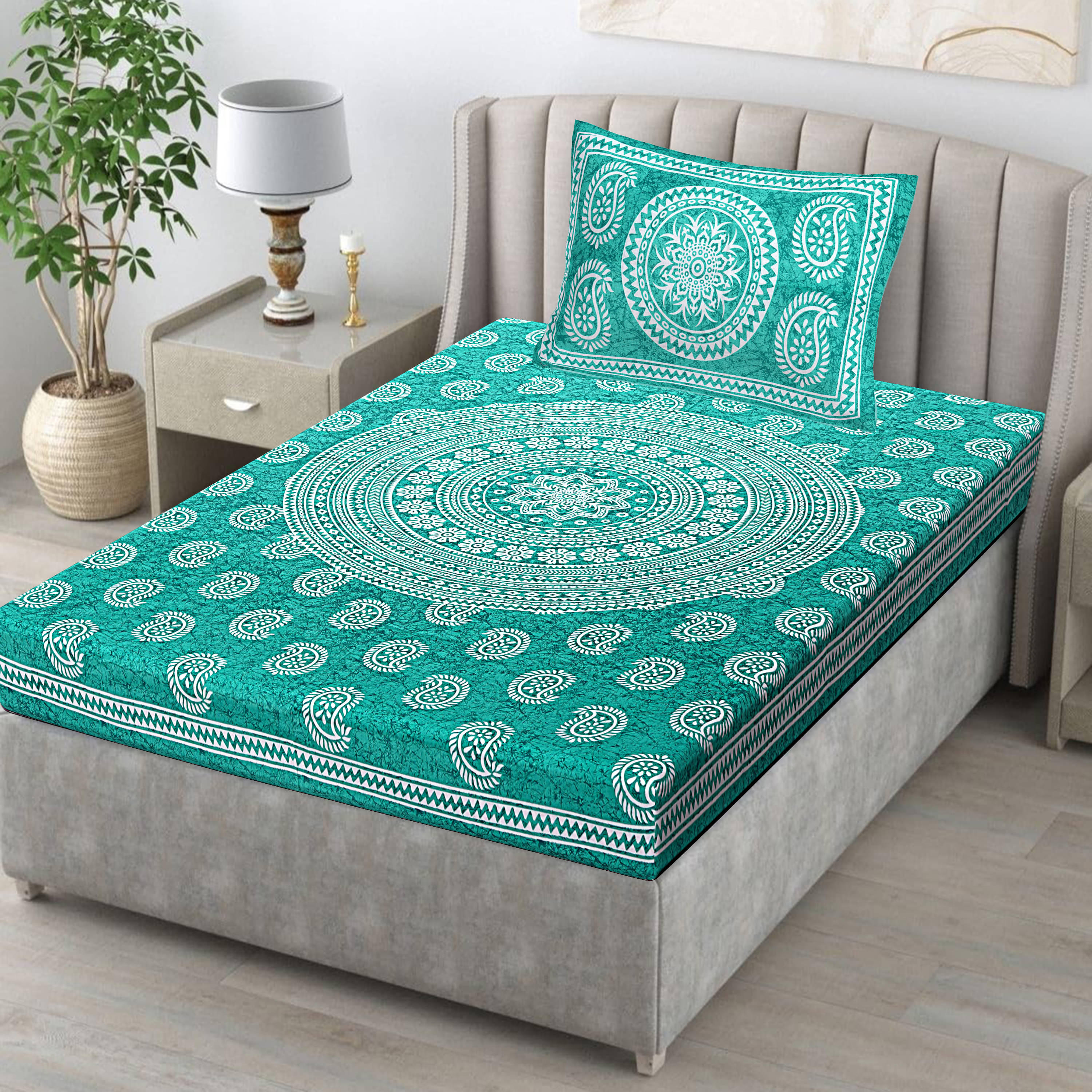     			E Elma Cotton 1 Single Bedsheet with 1 Pillow Cover ( Green )