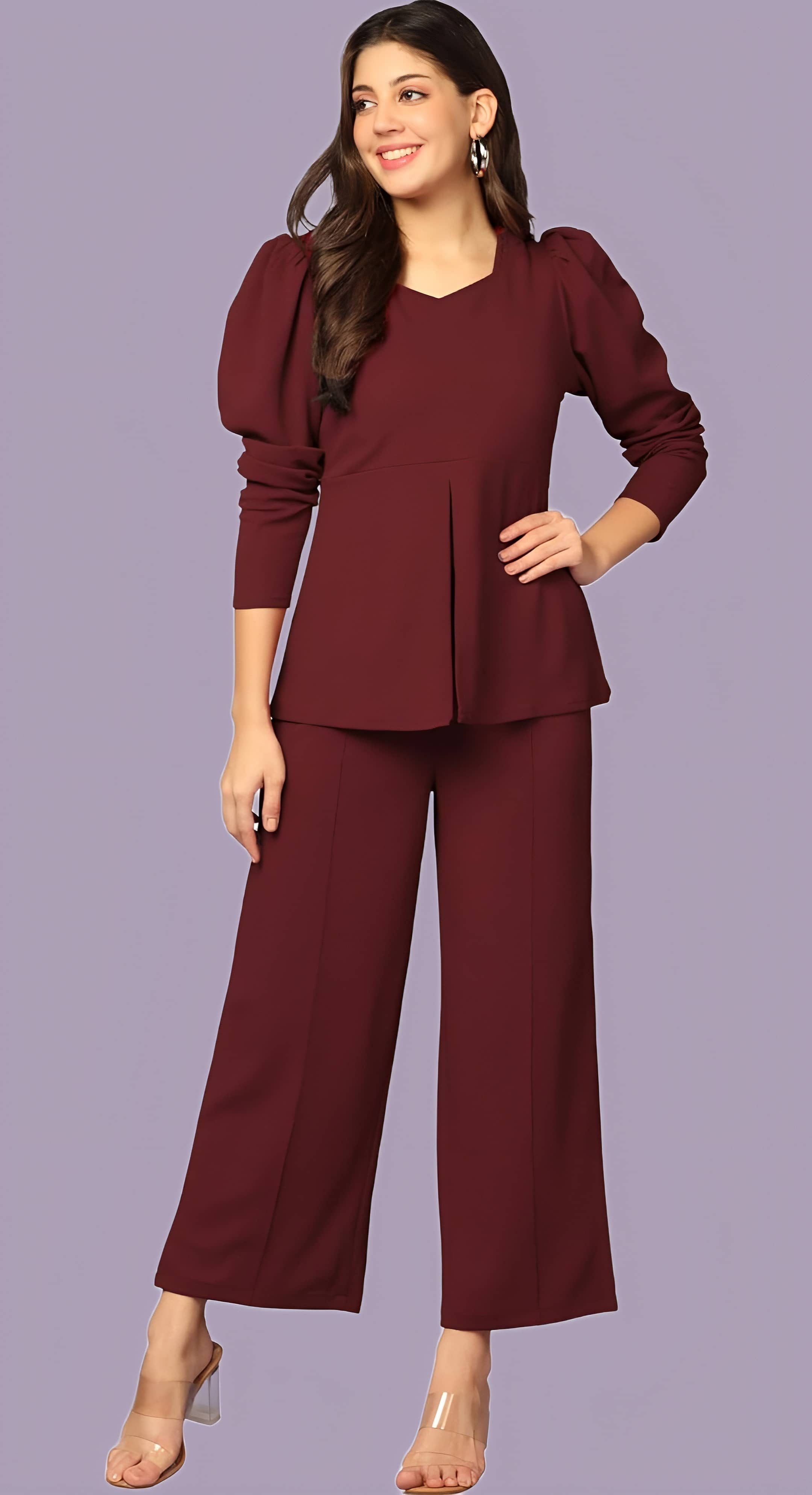 GOPI SAREE Women Solid Top With Trousers Co-Ord Set ( Maroon )