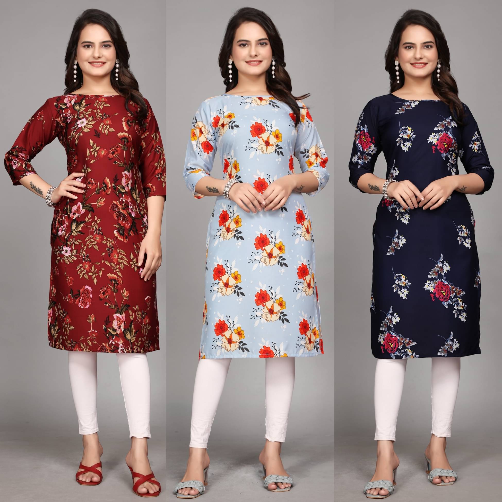 KALAVRITTA Pack of 3 Crepe Printed Straight Women's Kurti - ( Multicoloured ) KALAVRITTA Pack of 3 Crepe Printed Straight Women's Kurti - ( Multicoloured )