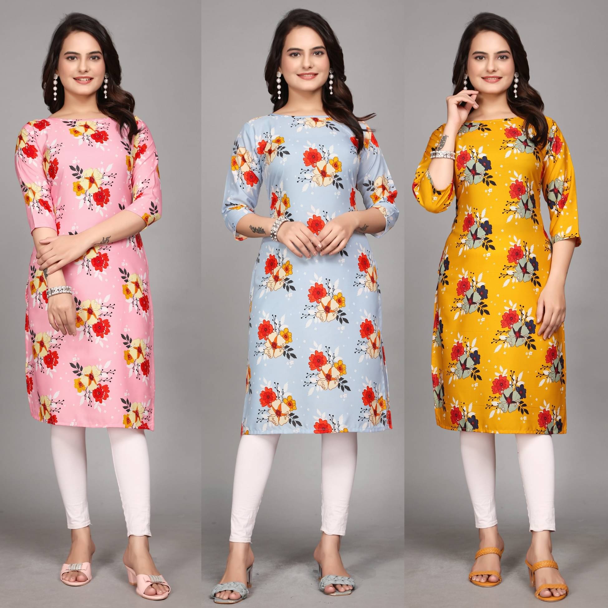 KALAVRITTA Pack of 3 Crepe Printed Straight Women's Kurti - ( Multicoloured ) KALAVRITTA Pack of 3 Crepe Printed Straight Women's Kurti - ( Multicoloured )