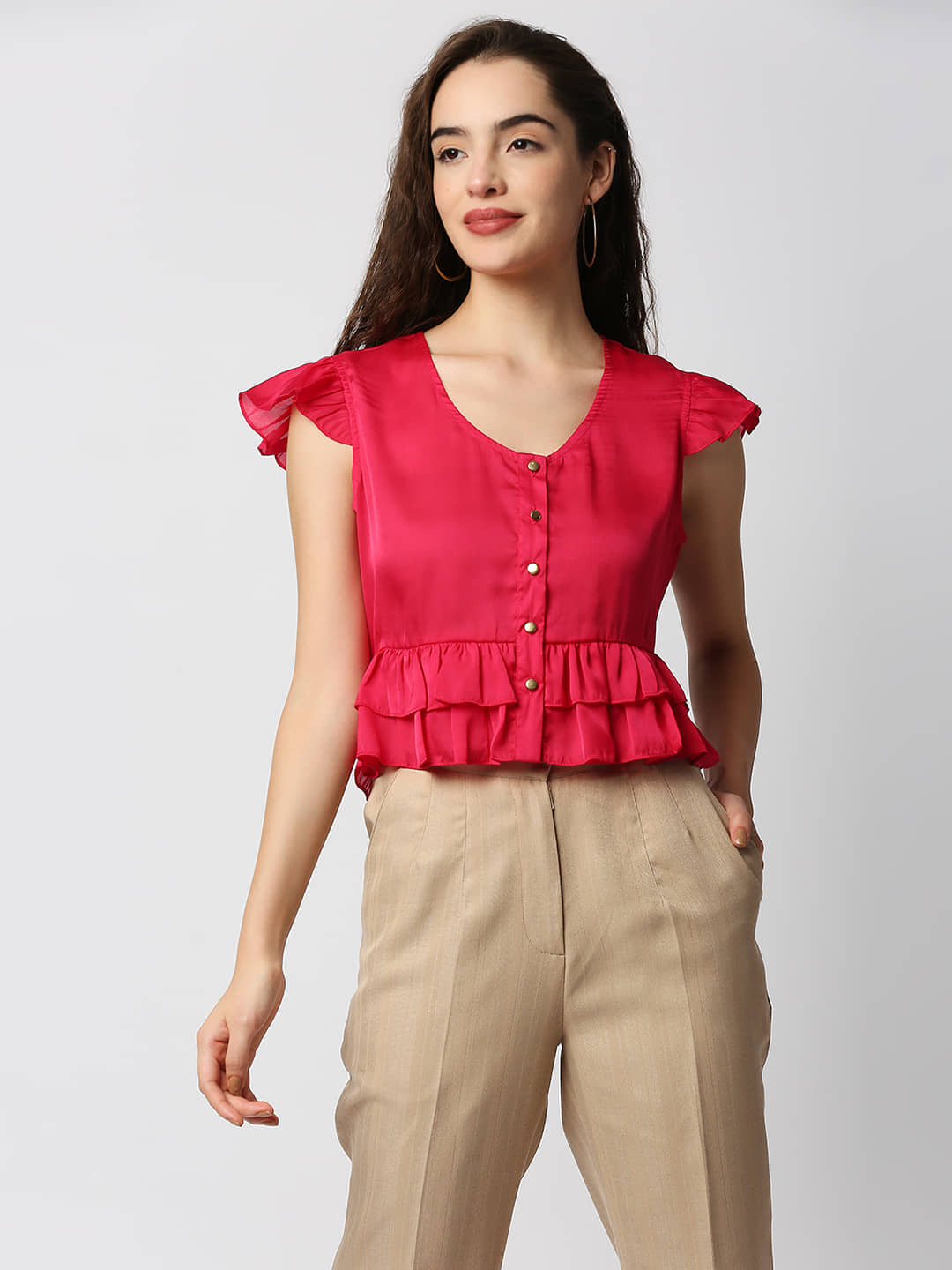 Mantra Fashion Women's Pink Peplum Cropped Shirt ( Pack of 1 )