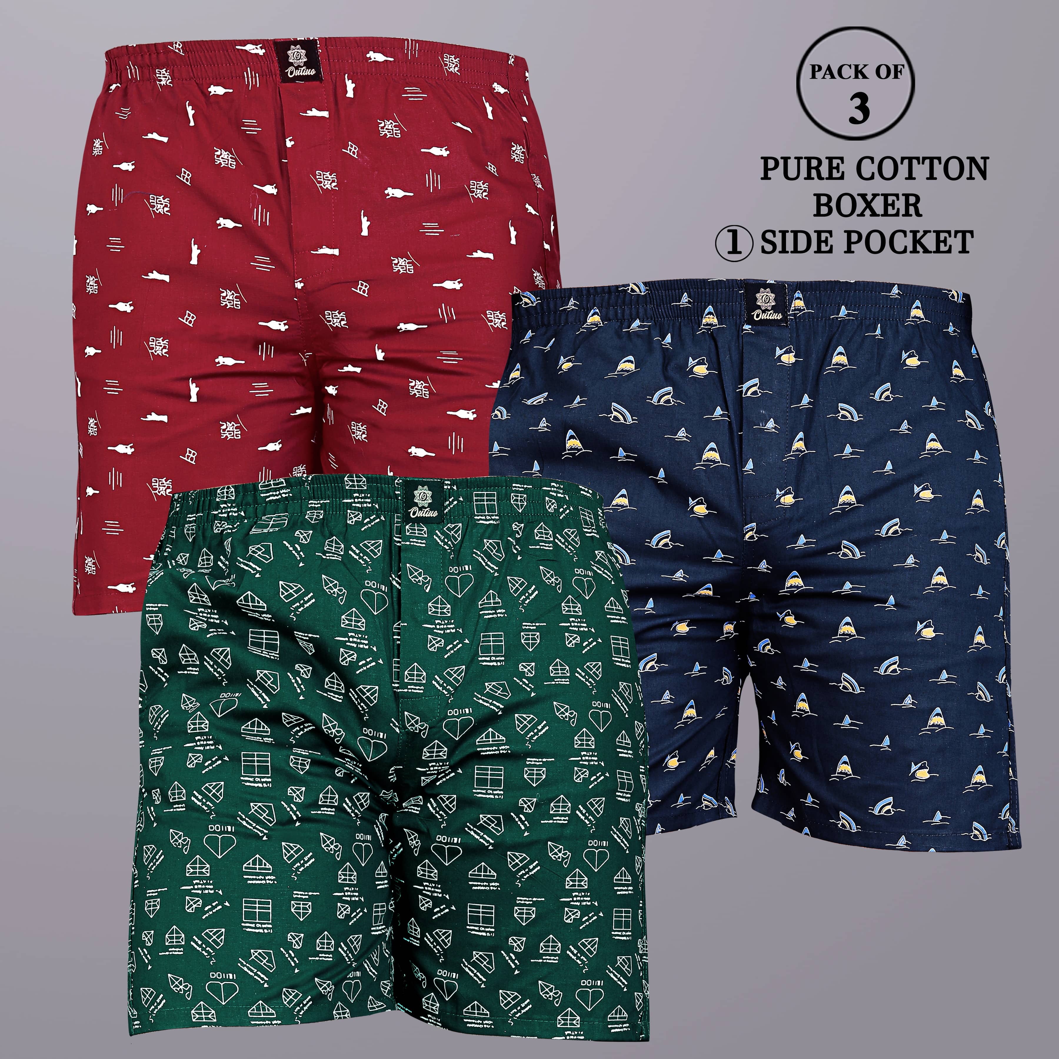 octa apparel Pack of 3 Cotton Boxers For Men's ( Multicolor )