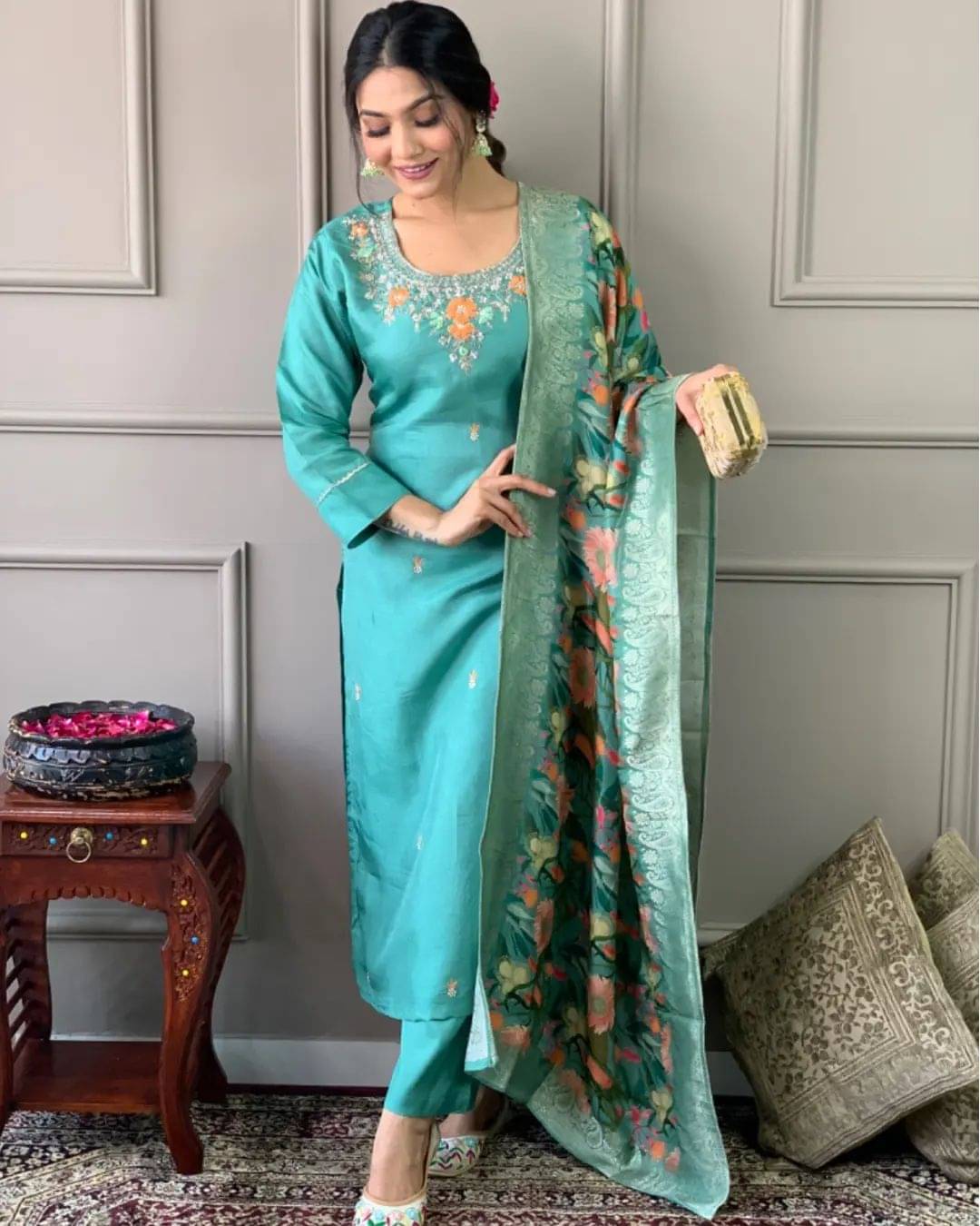     			OMICRON FAB Chanderi Embroidered Kurti With Pants Women's Stitched Salwar Suit - Light Blue ( Pack of 1 )