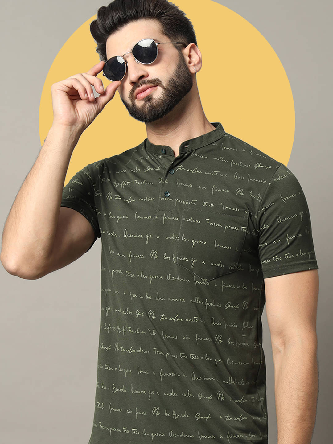     			RELANE Cotton Blend Regular Fit Printed Half Sleeves Men's Mandarin Collar T-Shirt - Dark Green ( Pack of 1 )