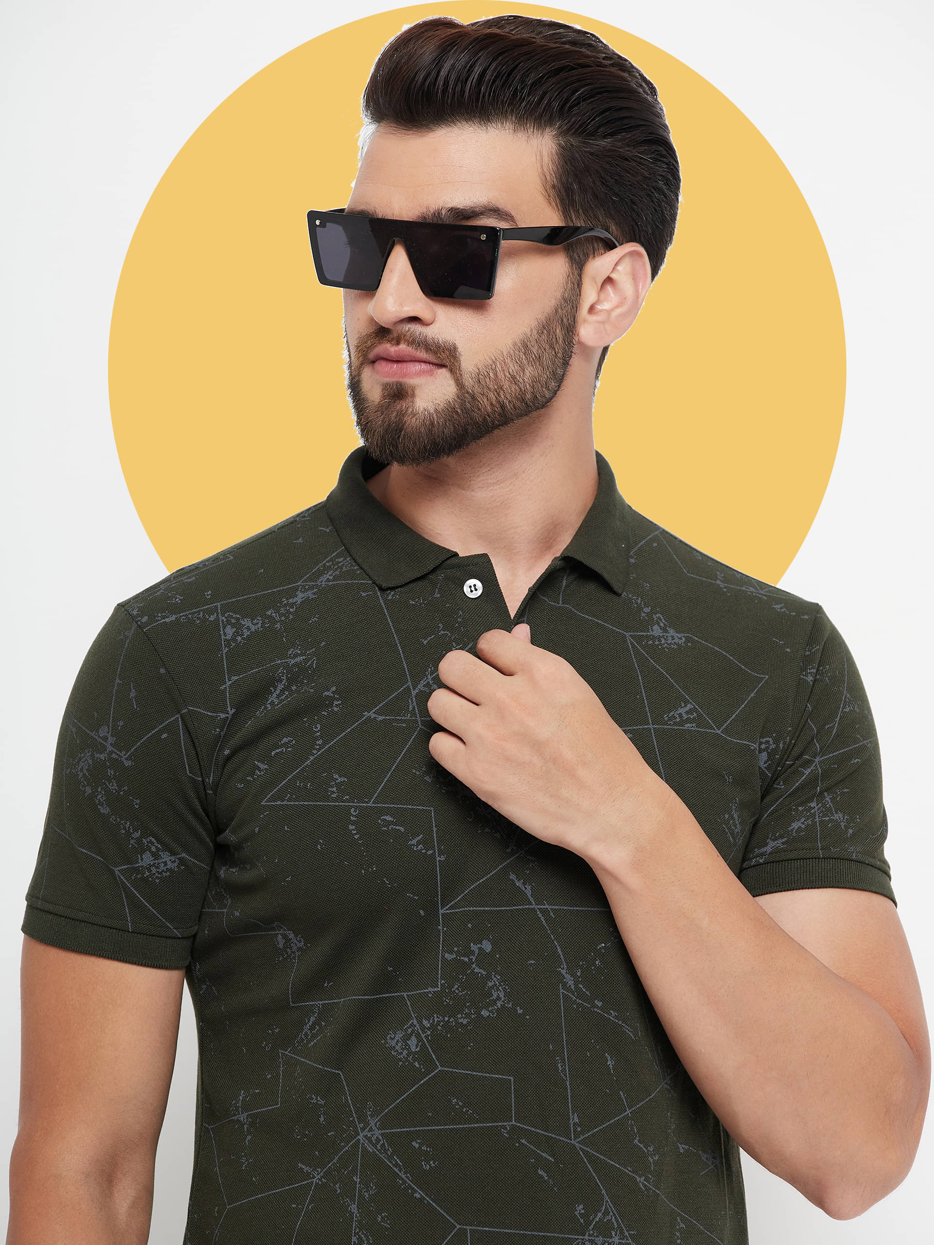 RELANE Pack of 1 Cotton Blend Regular Fit Printed Half Sleeves Men's Polo T Shirt ( Olive )     			RELANE Pack of 1 Cotton Blend Regular Fit Printed Half Sleeves Men's Polo T Shirt ( Olive )