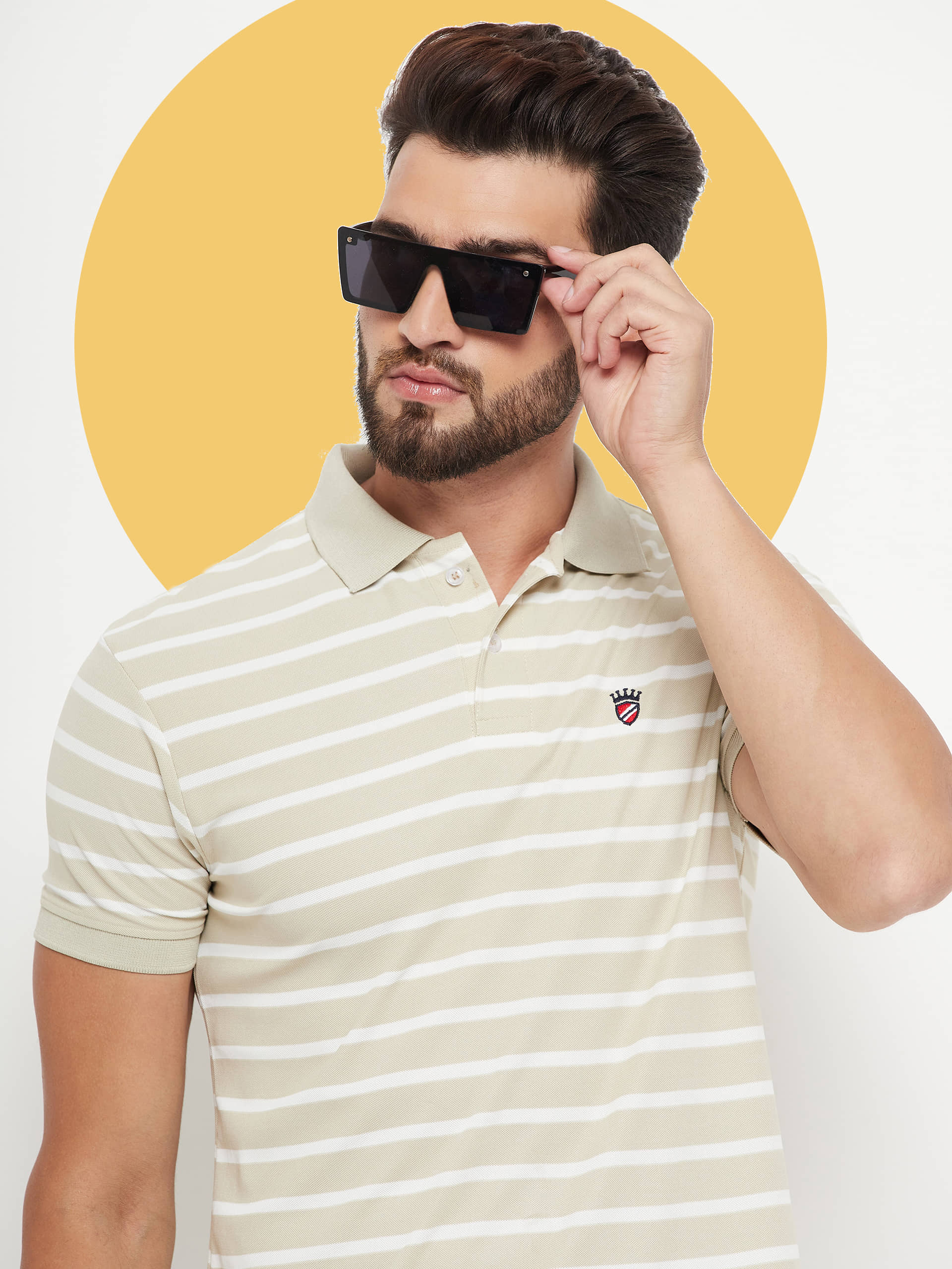 RELANE Pack of 1 Cotton Blend Regular Fit Striped Half Sleeves Men's Polo T Shirt ( Beige )