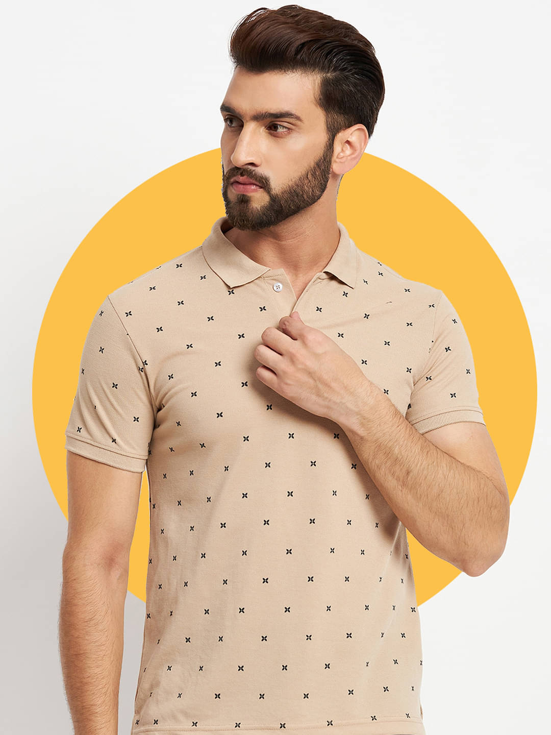 RELANE Pack of 1 Cotton Blend Regular Fit Printed Half Sleeves Men's Polo T Shirt ( Beige ) RELANE Pack of 1 Cotton Blend Regular Fit Printed Half Sleeves Men's Polo T Shirt ( Beige )