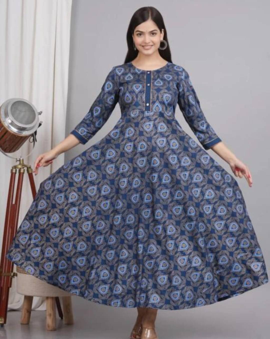 SHREE JEE FABRICS Pack of 1 Rayon Printed Anarkali Women's Kurti - ( Blue ) SHREE JEE FABRICS Pack of 1 Rayon Printed Anarkali Women's Kurti - ( Blue )