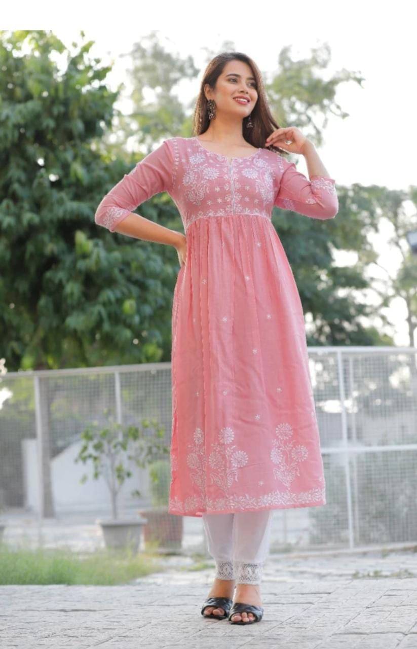 SHREE JEE FABRICS Pack of 1 Rayon Embroidered Anarkali Women's Kurti - ( Pink ) SHREE JEE FABRICS Pack of 1 Rayon Embroidered Anarkali Women's Kurti - ( Pink )