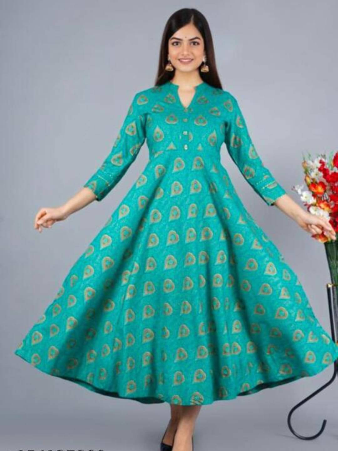     			SHREE JEE FABRICS Pack of 1 Rayon Printed Anarkali Women's Kurti - ( Turquoise )