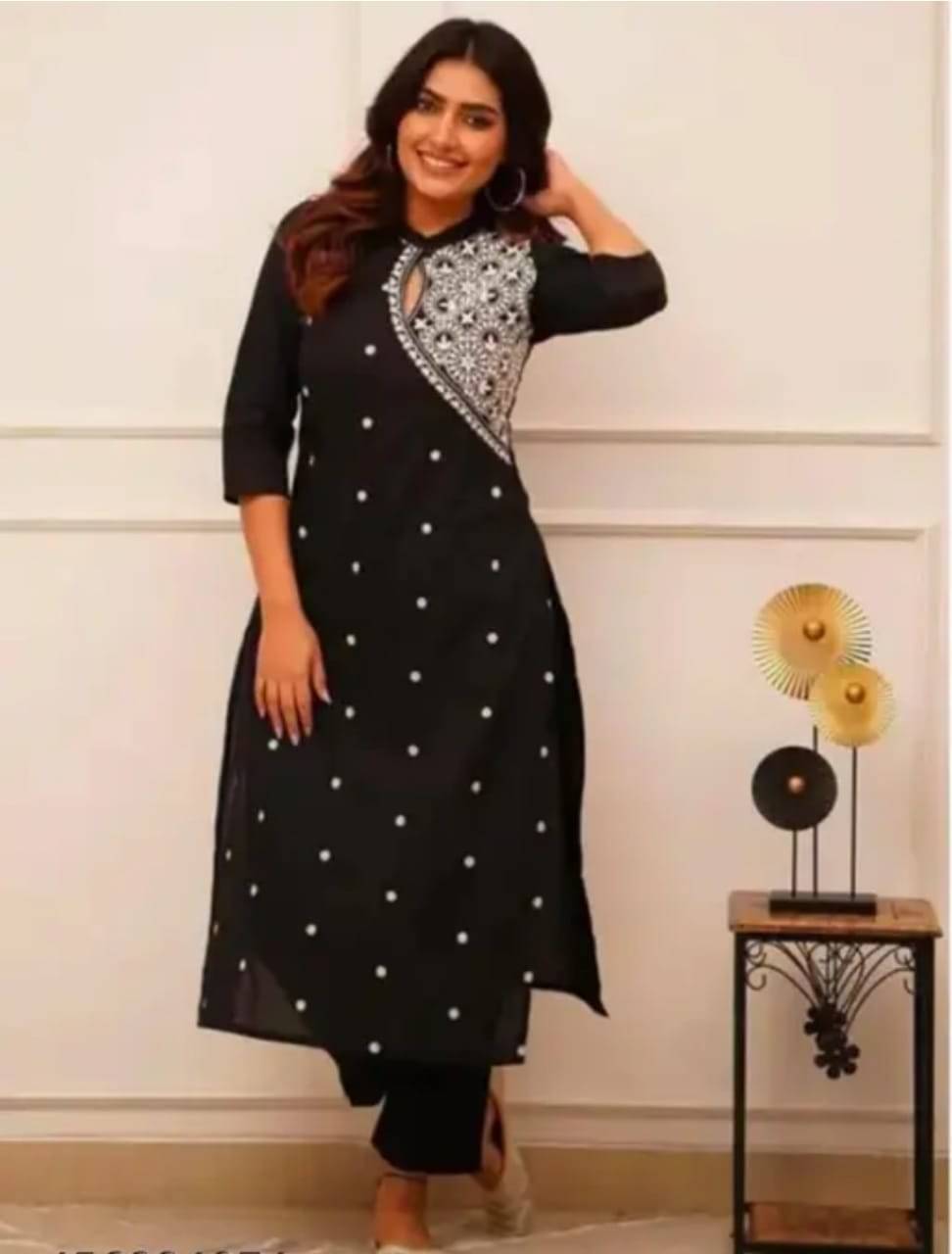 SHREE JEE FABRICS Pack of 1 Rayon Embroidered Straight Women's Kurti - ( BLACK ) SHREE JEE FABRICS Pack of 1 Rayon Embroidered Straight Women's Kurti - ( BLACK )