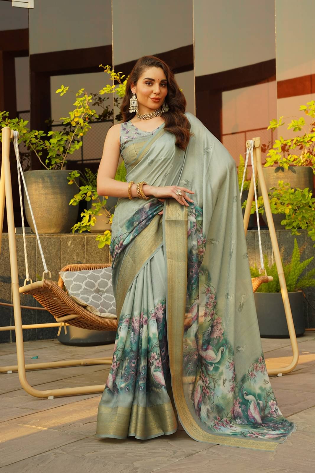 Sanjana Silks Chiffon Printed Saree With Unstitched Blouse Piece ( Green ) Sanjana Silks Chiffon Printed Saree With Unstitched Blouse Piece ( Green )