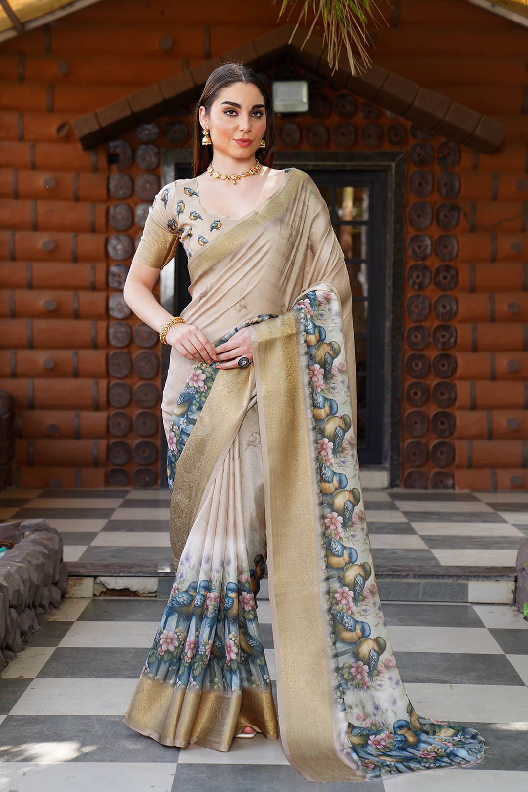 Sanjana Silks Chiffon Printed Saree With Unstitched Blouse Piece ( Gold ) Sanjana Silks Chiffon Printed Saree With Unstitched Blouse Piece ( Gold )