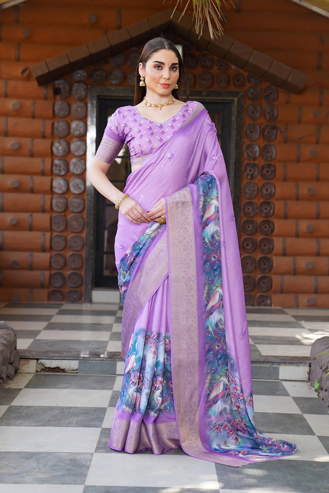 Sanjana Silks Chiffon Printed Saree With Unstitched Blouse Piece ( Purple ) Sanjana Silks Chiffon Printed Saree With Unstitched Blouse Piece ( Purple )