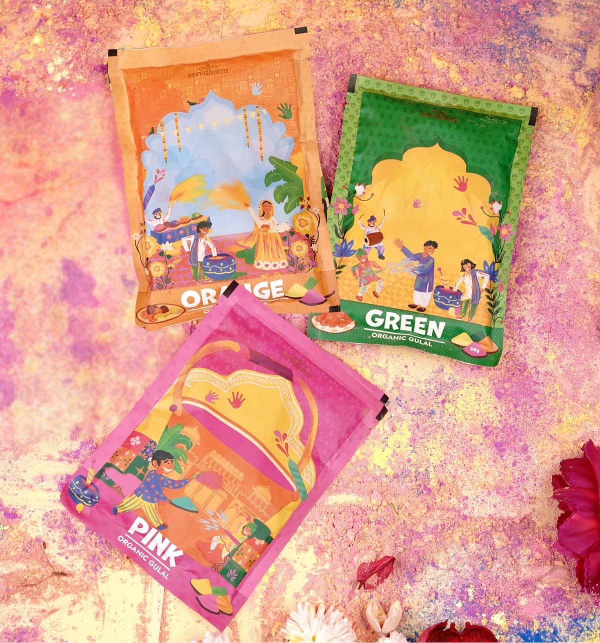     			ServDharm Gulal Orange, Pink & Green 50G ( Pack of 3 )
