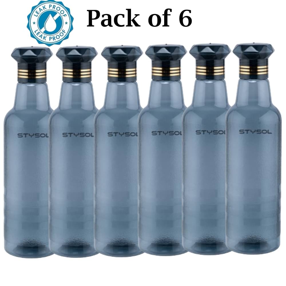    			Stysol Water Bottels Black Plastic School Water Bottle 1000 mL ( Set of 6 )