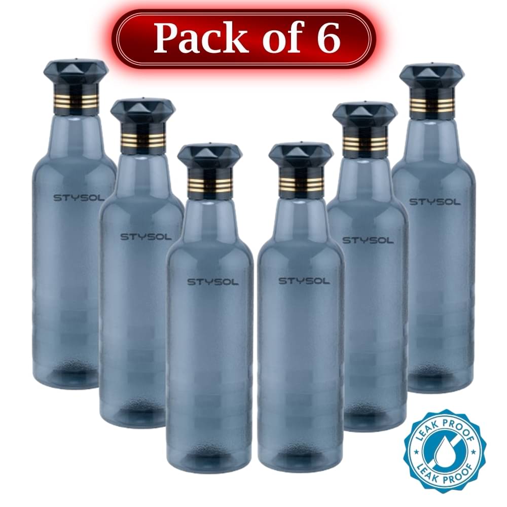     			Stysol Water Bottels Black Plastic Water Bottle 1000 mL ( Set of 6 )