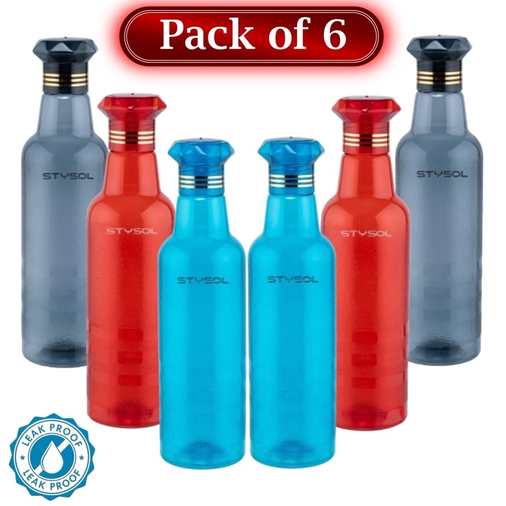     			Stysol Water Bottels Multicolour Plastic Water Bottle 1000 mL ( Set of 6 )