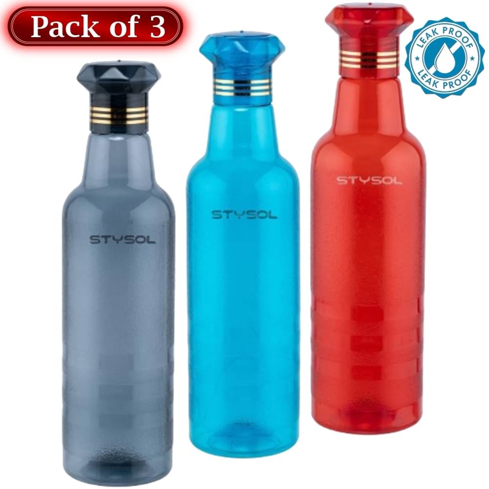     			Stysol Water Bottels Multicolour Plastic Fridge Water Bottle 1000 mL ( Set of 3 )