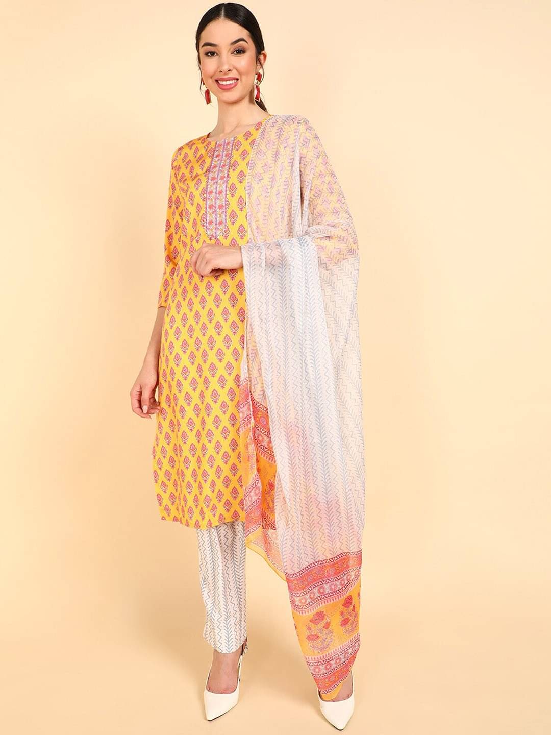     			Vaamsi Polyester Printed Kurti With Pants Women's Stitched Salwar Suit - Mustard ( Pack of 1 )
