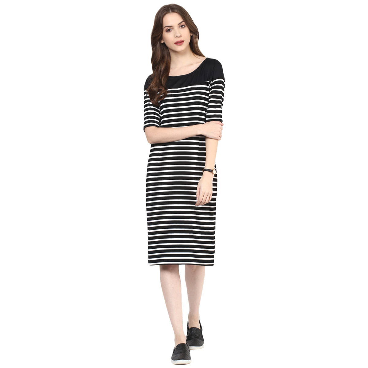     			Zima Leto Women Polyester Striped Fit & Flare Dress ( Black )