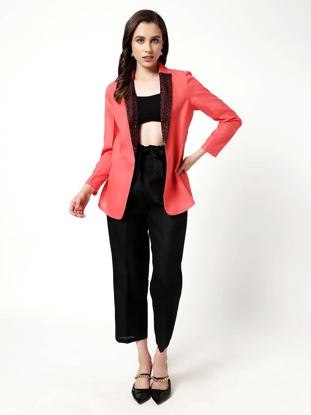     			Zima Leto Women Embellished Coat With Trousers Co-Ord Set ( Coral )
