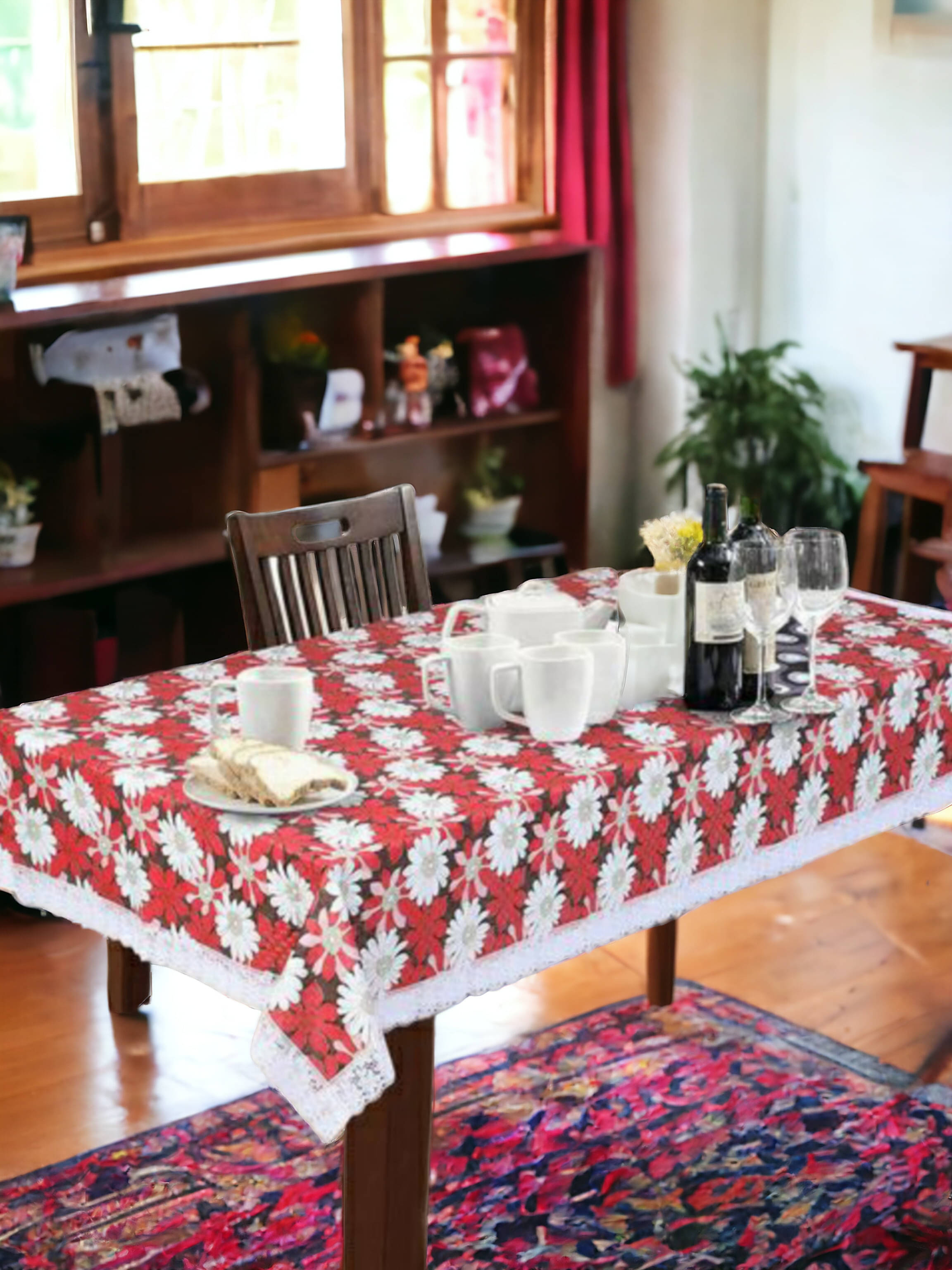 mopak decor Embroidered Polyester 6 Seater Rectangle Table Cover ( 229 x 152 ) cm Pack of 1 Red     			mopak decor Embroidered Polyester 6 Seater Rectangle Table Cover ( 229 x 152 ) cm Pack of 1 Red