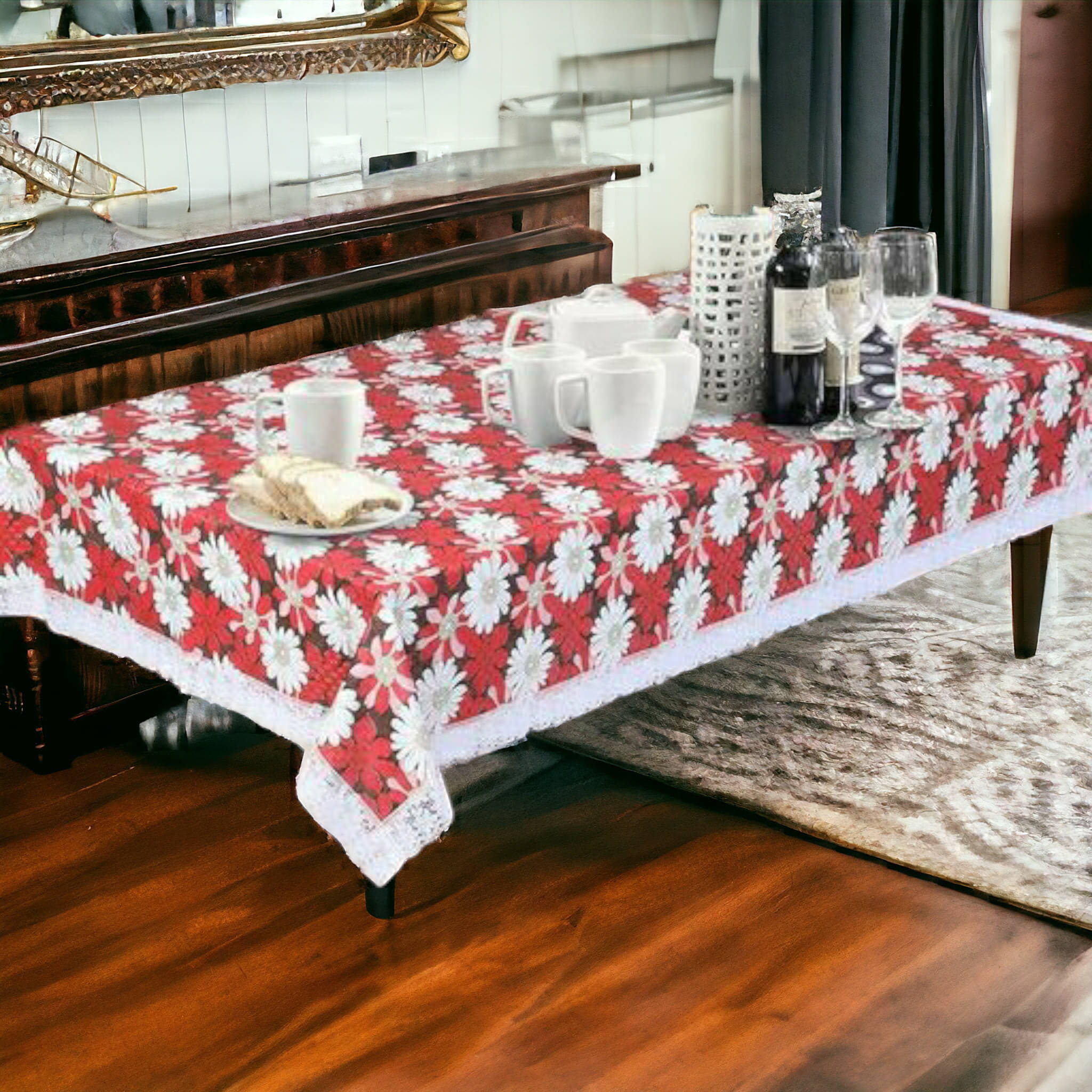 mopak decor Printed Polyester 4 Seater Square Table Cover ( 152 x 102 ) cm Pack of 1 Red mopak decor Printed Polyester 4 Seater Square Table Cover ( 152 x 102 ) cm Pack of 1 Red