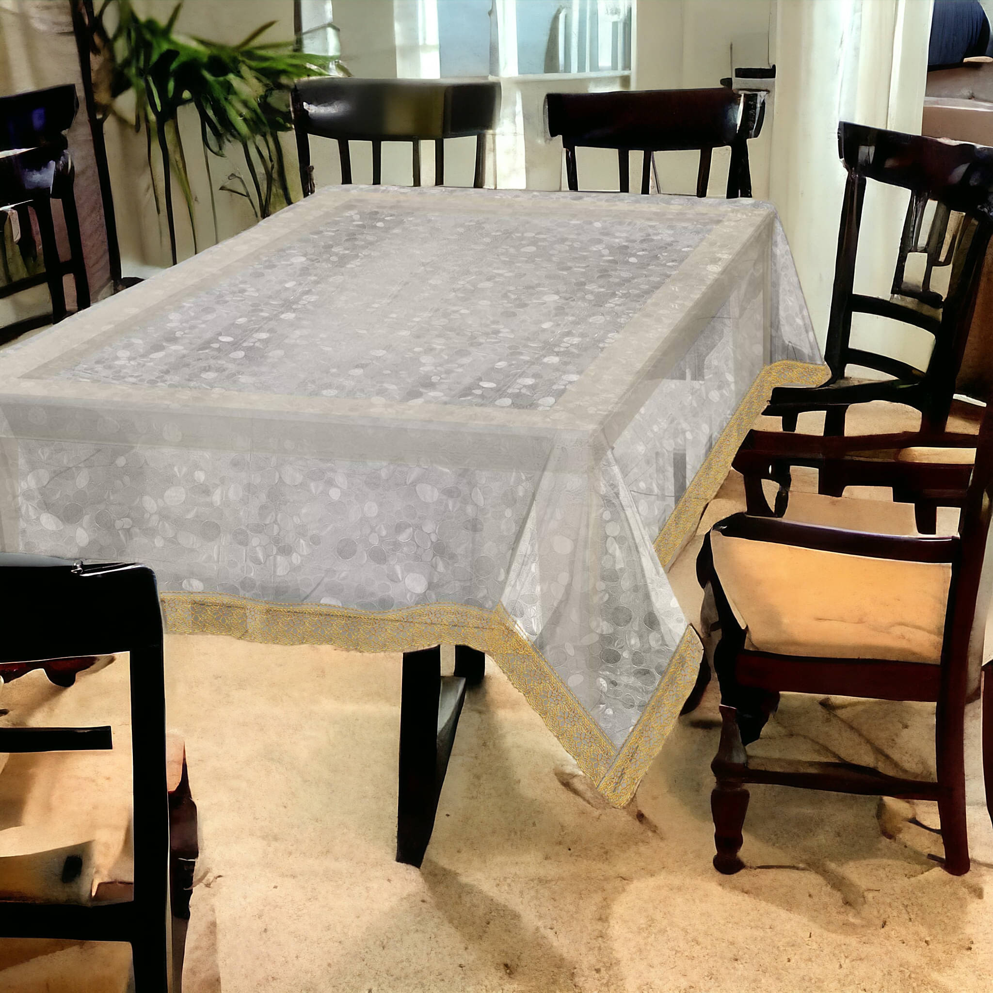     			mopak decor Printed Polyester 6 Seater Rectangle Table Cover ( 229 x 152 ) cm Pack of 1 White
