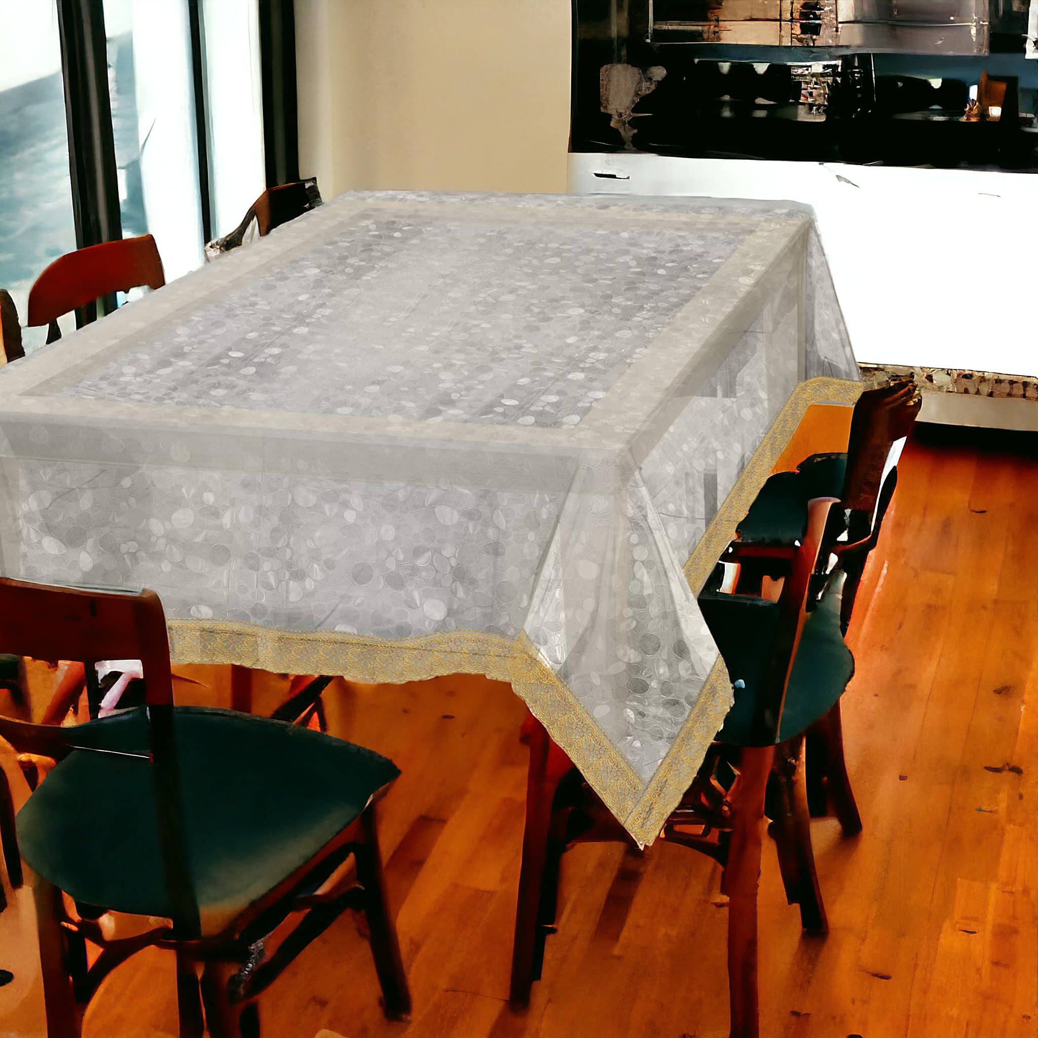 mopak decor Printed Polyester 6 Seater Rectangle Table Cover ( 229 x 152 ) cm Pack of 1 White mopak decor Printed Polyester 6 Seater Rectangle Table Cover ( 229 x 152 ) cm Pack of 1 White