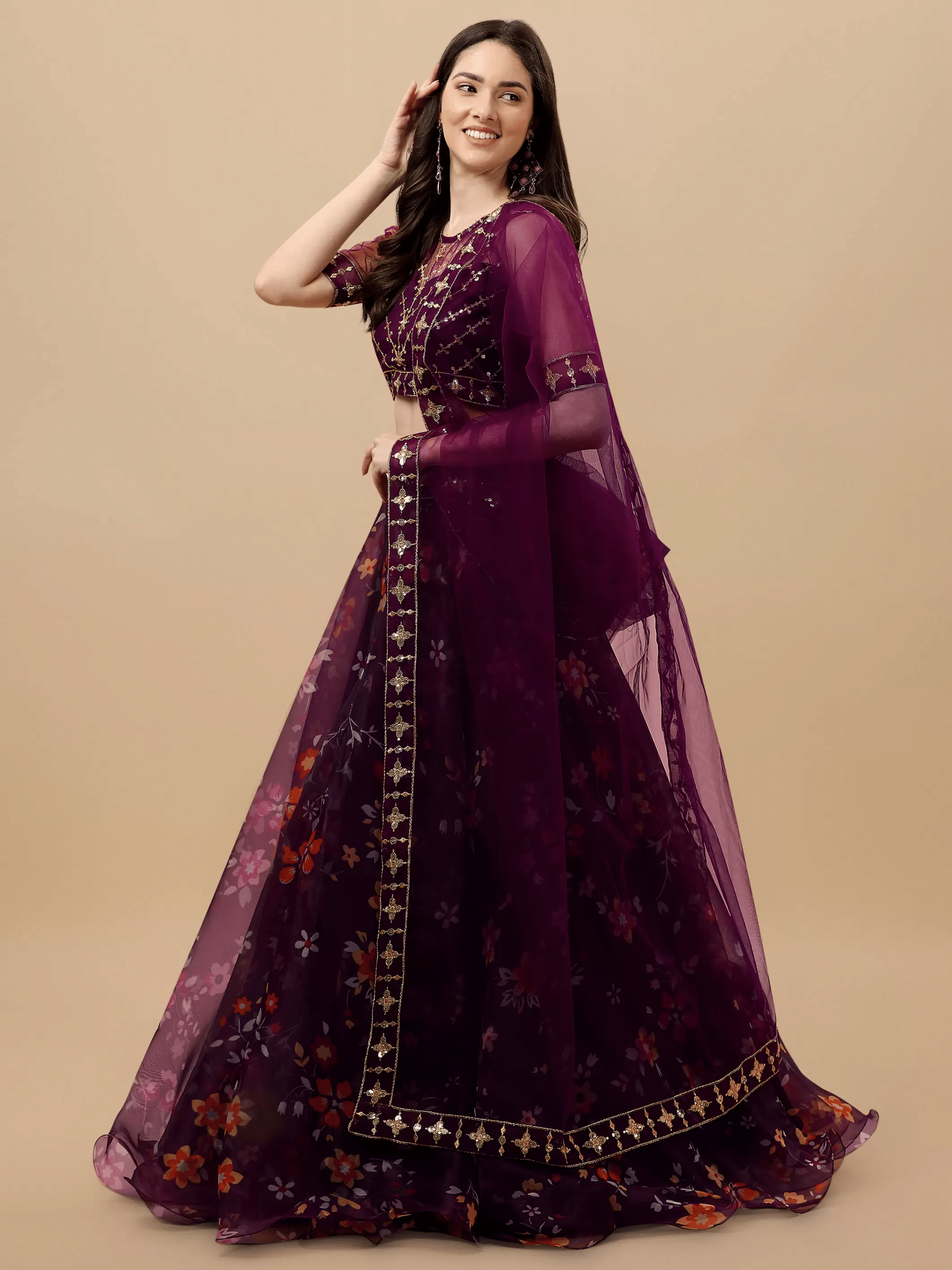     			piludi Purple Organza Unstitched Semi Stitched Lehenga Single