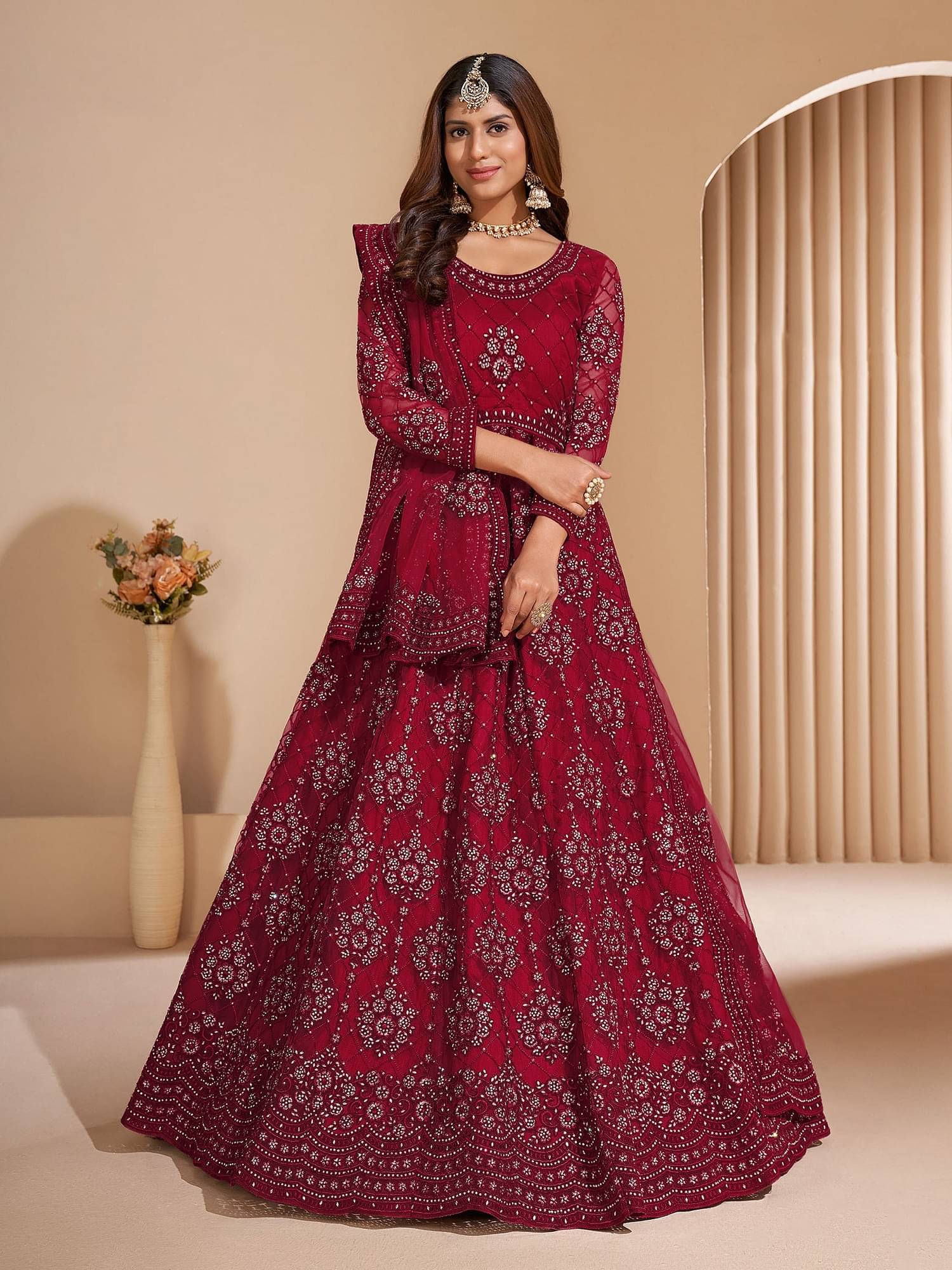    			Aika Maroon Flared Net Women's Semi Stitched Ethnic Gown ( Pack of 1 )