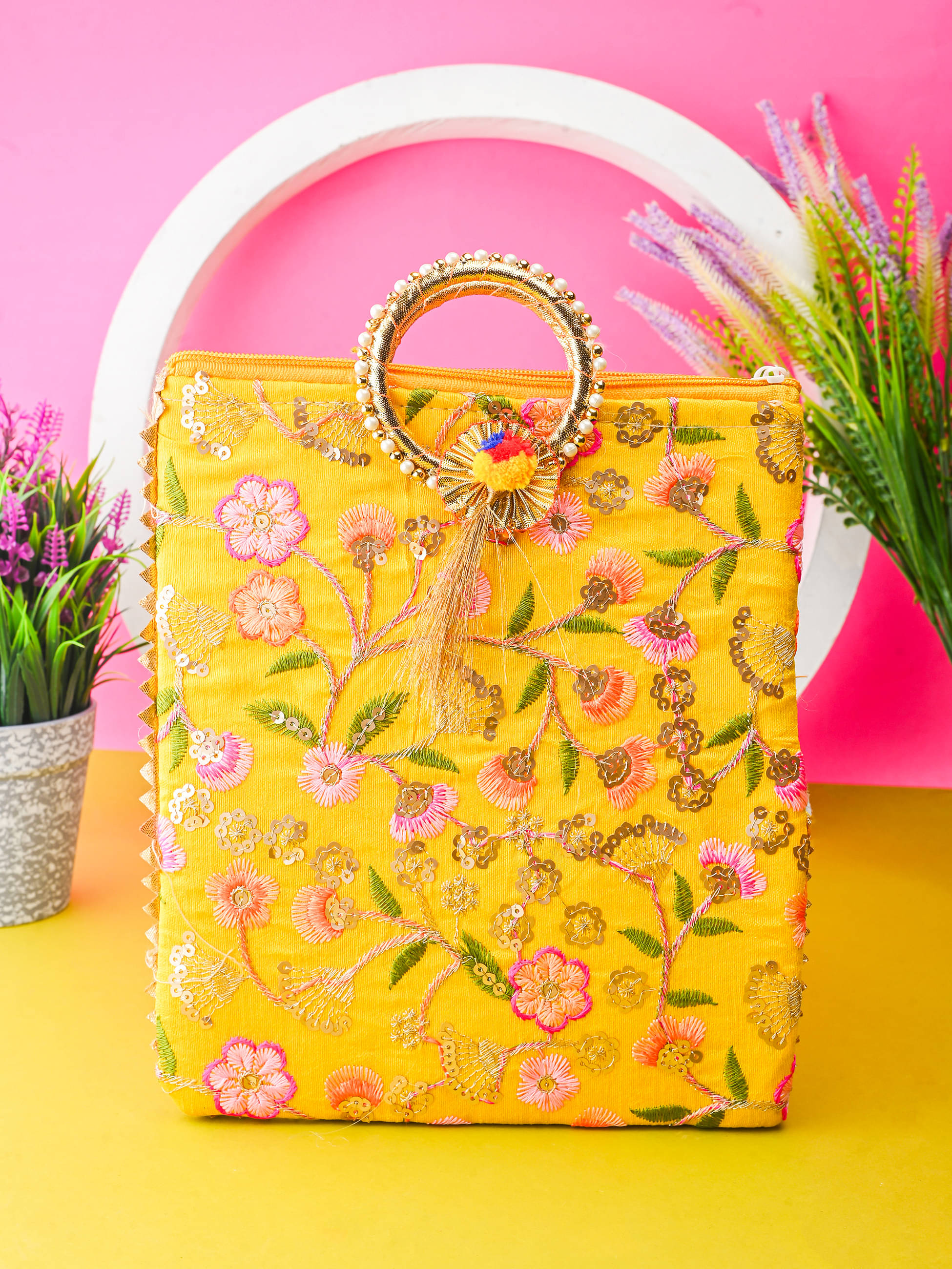     			Anjaneya Creations Handheld Bag Fabric Set of 1 ( Yellow )
