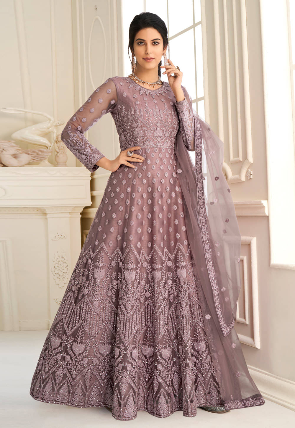     			Apnisha Mauve Flared Net Women's Semi Stitched Ethnic Gown ( Pack of 1 )