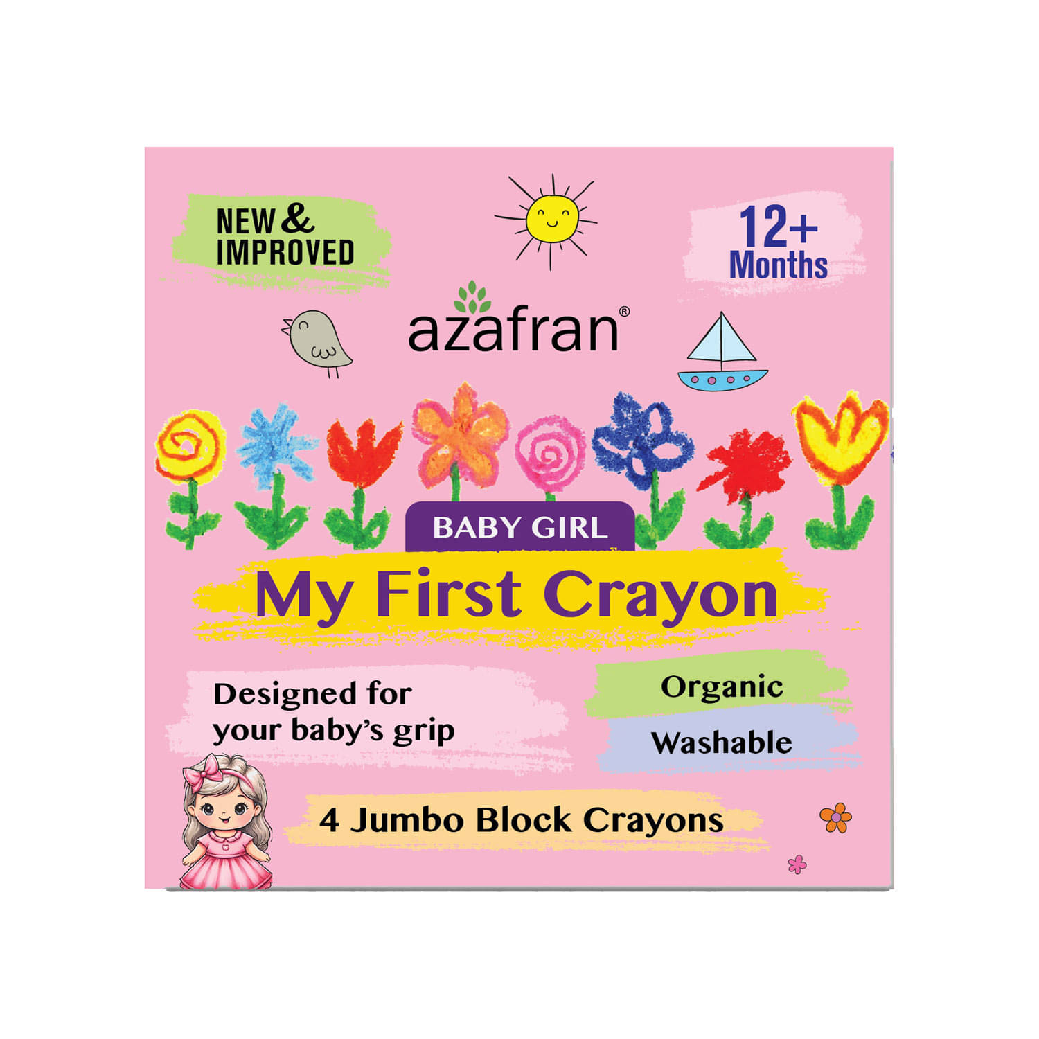     			Azafran My First Crayon for Baby Girl, 4 Jumbo Block Crayons, Organic, Washable, Non-Toxic, Easy Grip for Tiny Hands